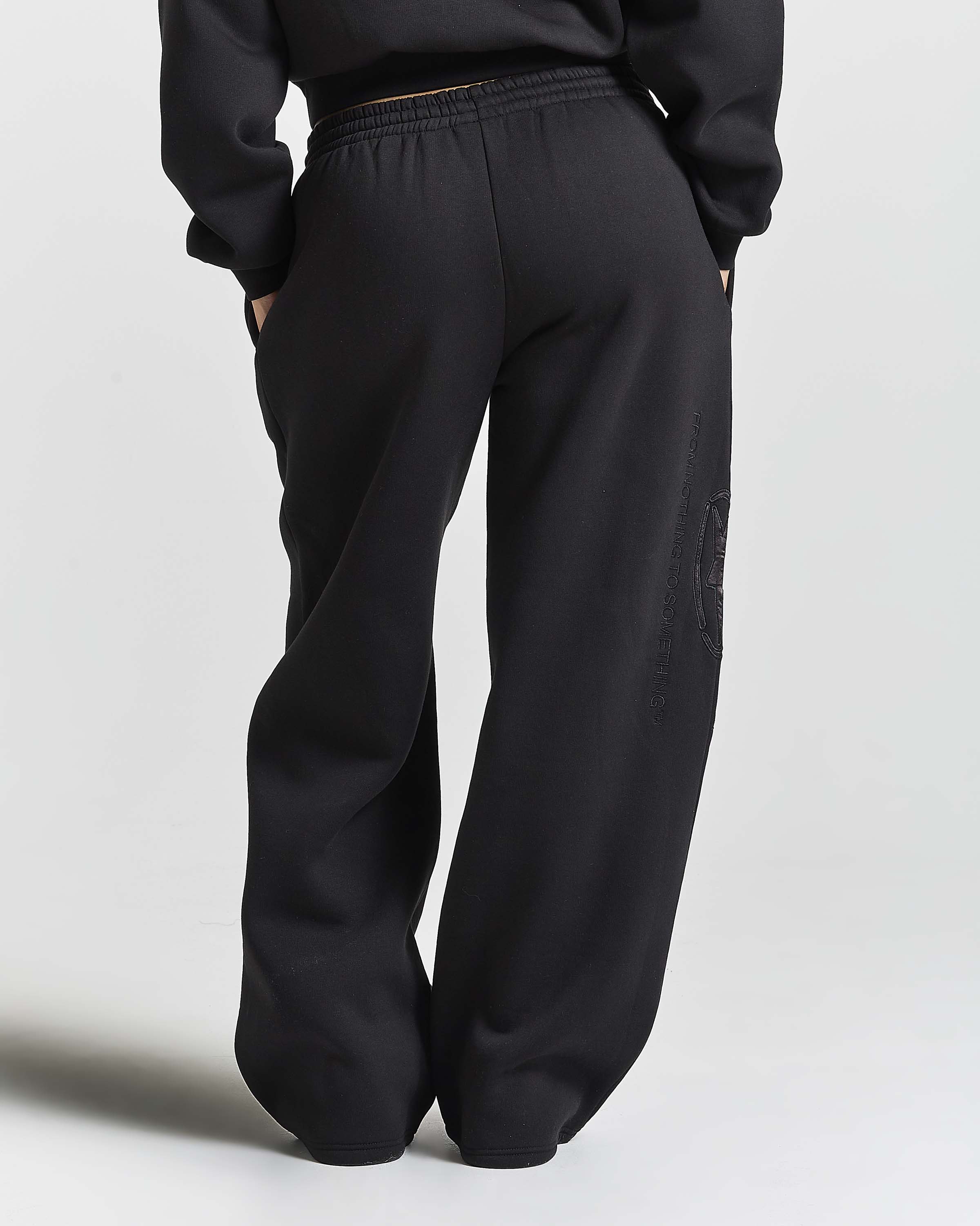 Black wide-leg sweatpants shown from the back on a model, featuring an elastic waistband and side embroidery, against a light gray studio background.
