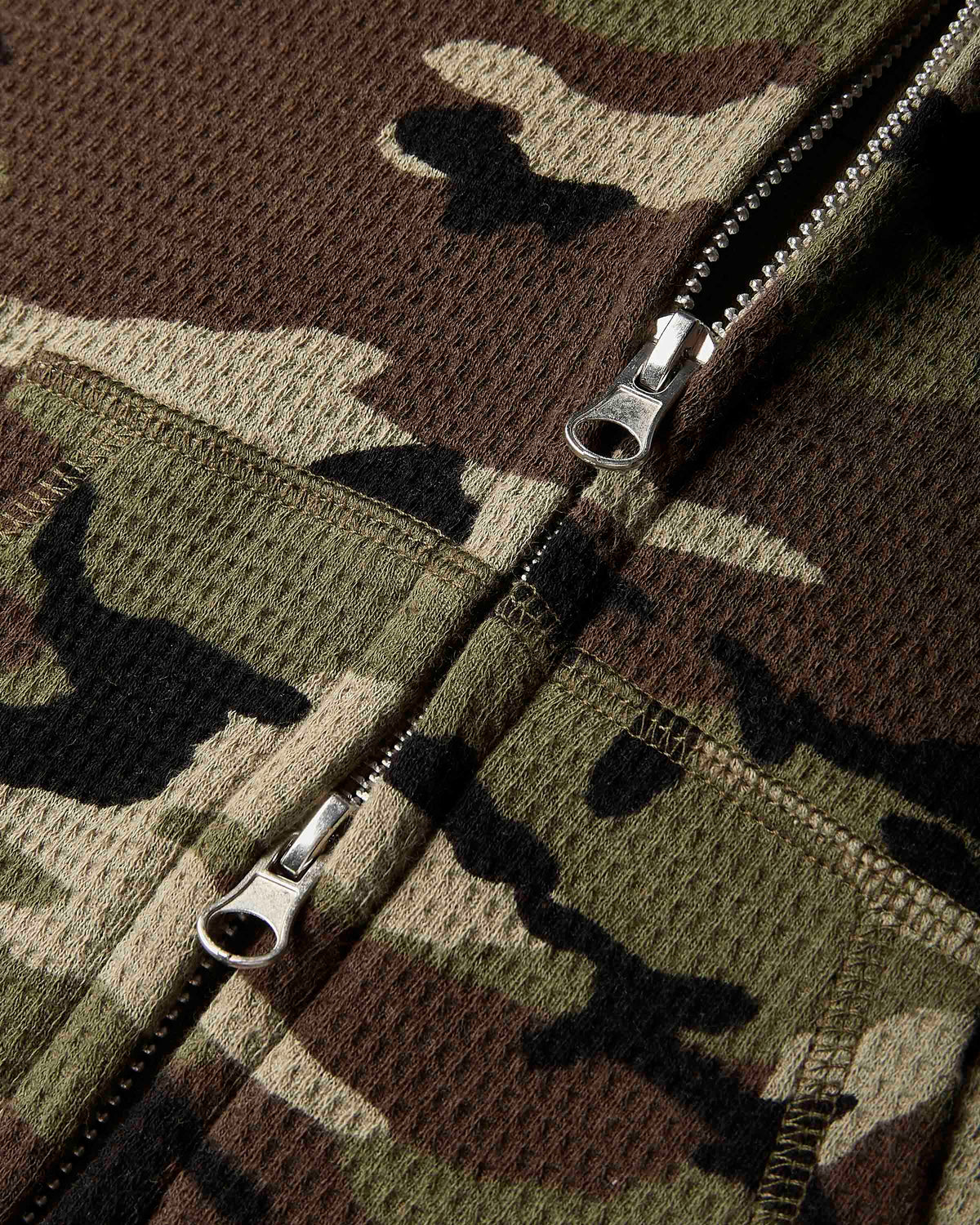 Close-up of a camouflage zippered garment, showing a textured waffle-knit fabric in green, brown, black, and beige tones with silver metal zipper pulls.