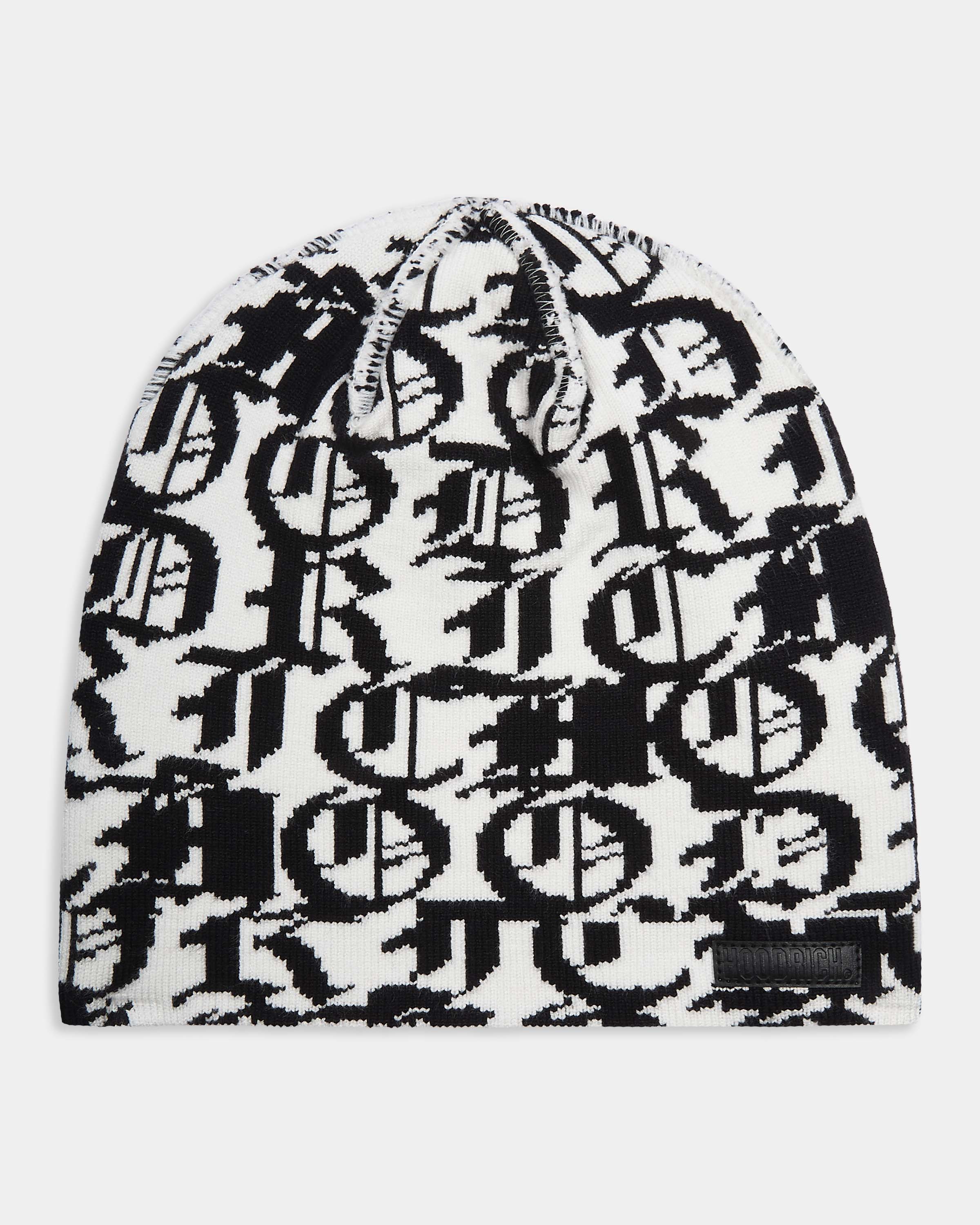 Black and white patterned beanie on a white background