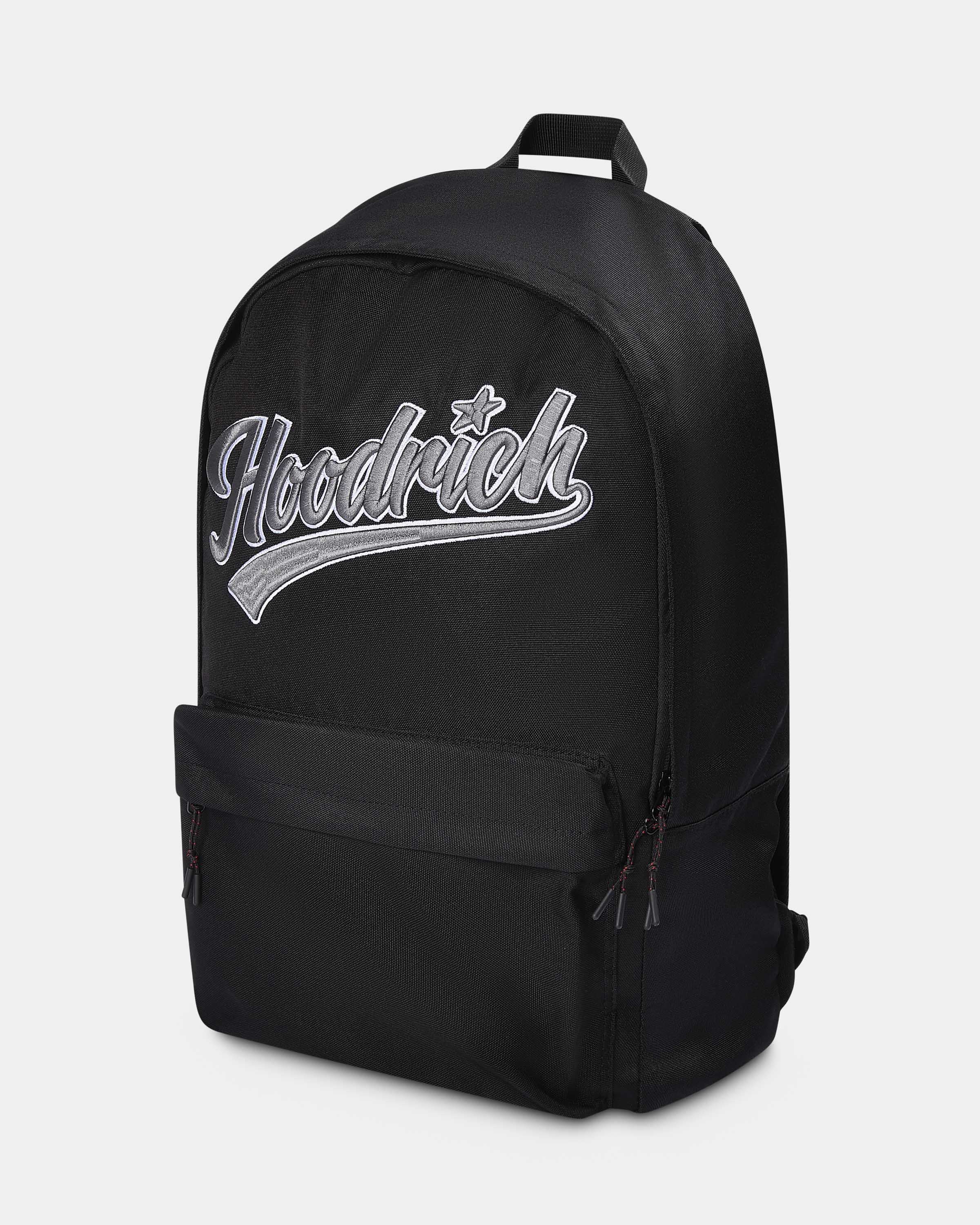 Black backpack with 'Goodrich' logo on a light gray background