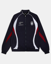 Black track jacket with red and white accents on a light gray background