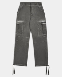 Gray cargo pants with brand logo on a white background