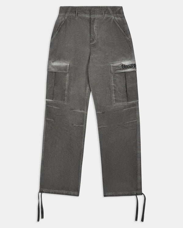 Gray cargo pants with brand logo on a white background