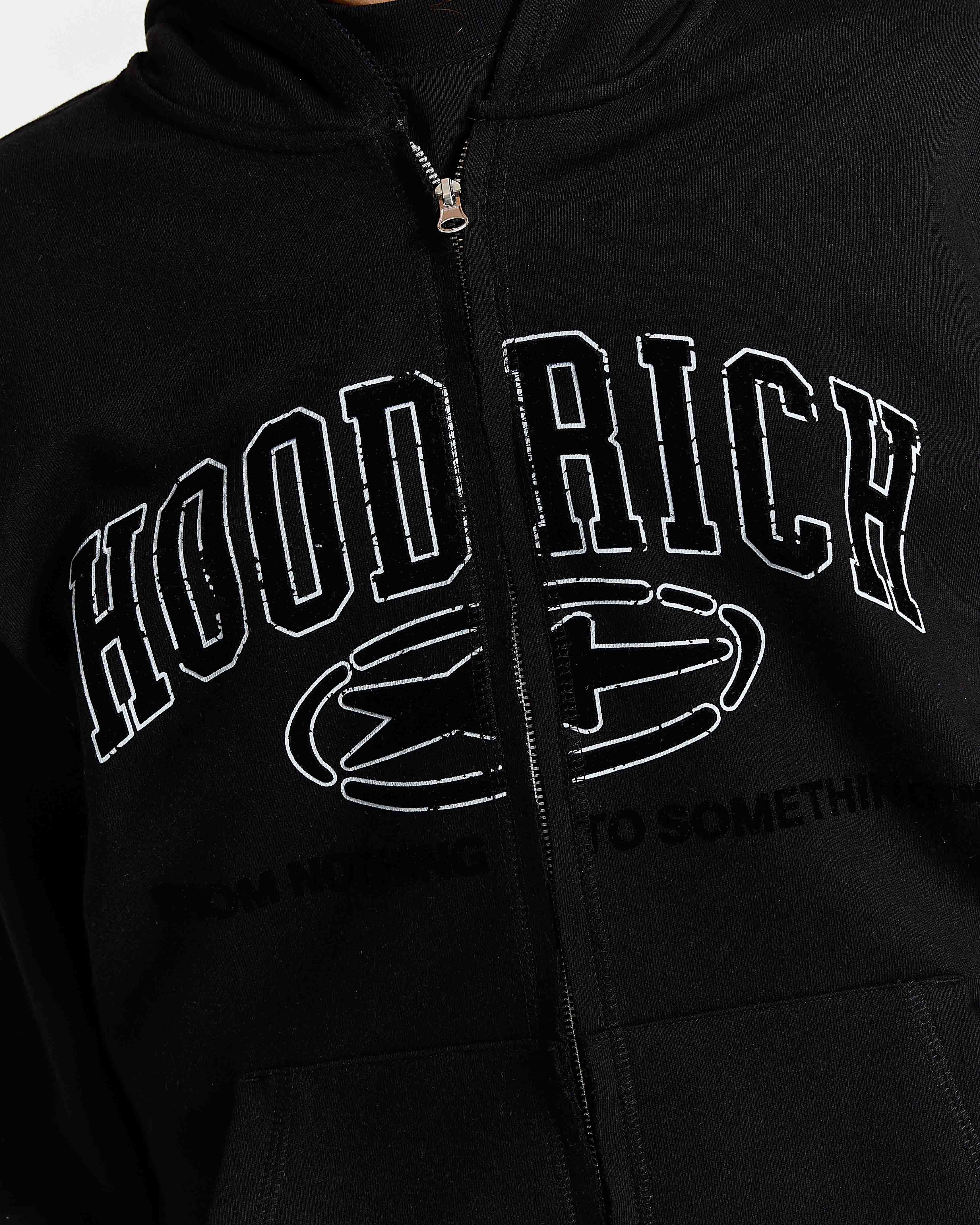 Black hoodie with 'HOODRICH' text and logo on a dark background