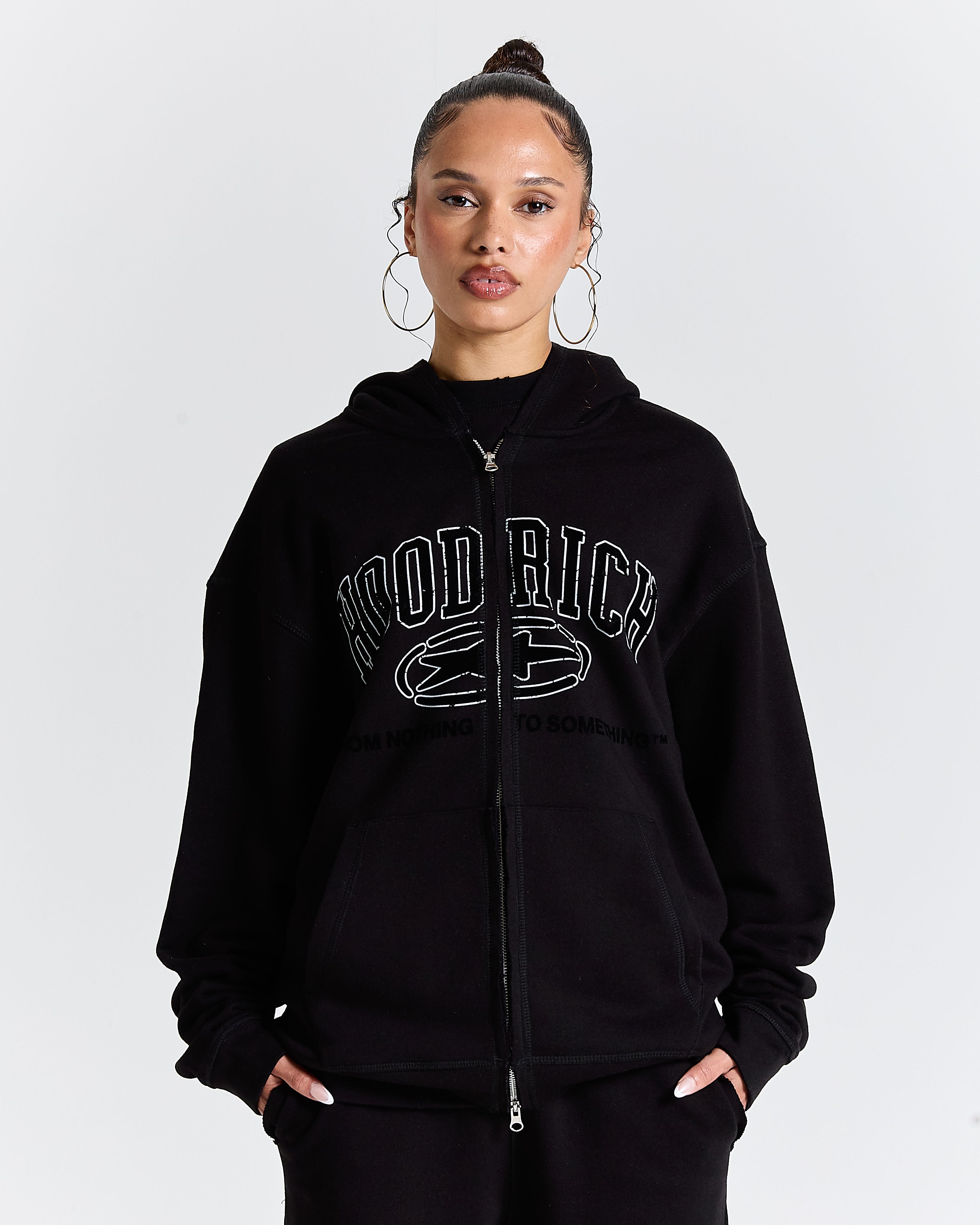 Fray Zip Relaxed Fit Hoodie - Black