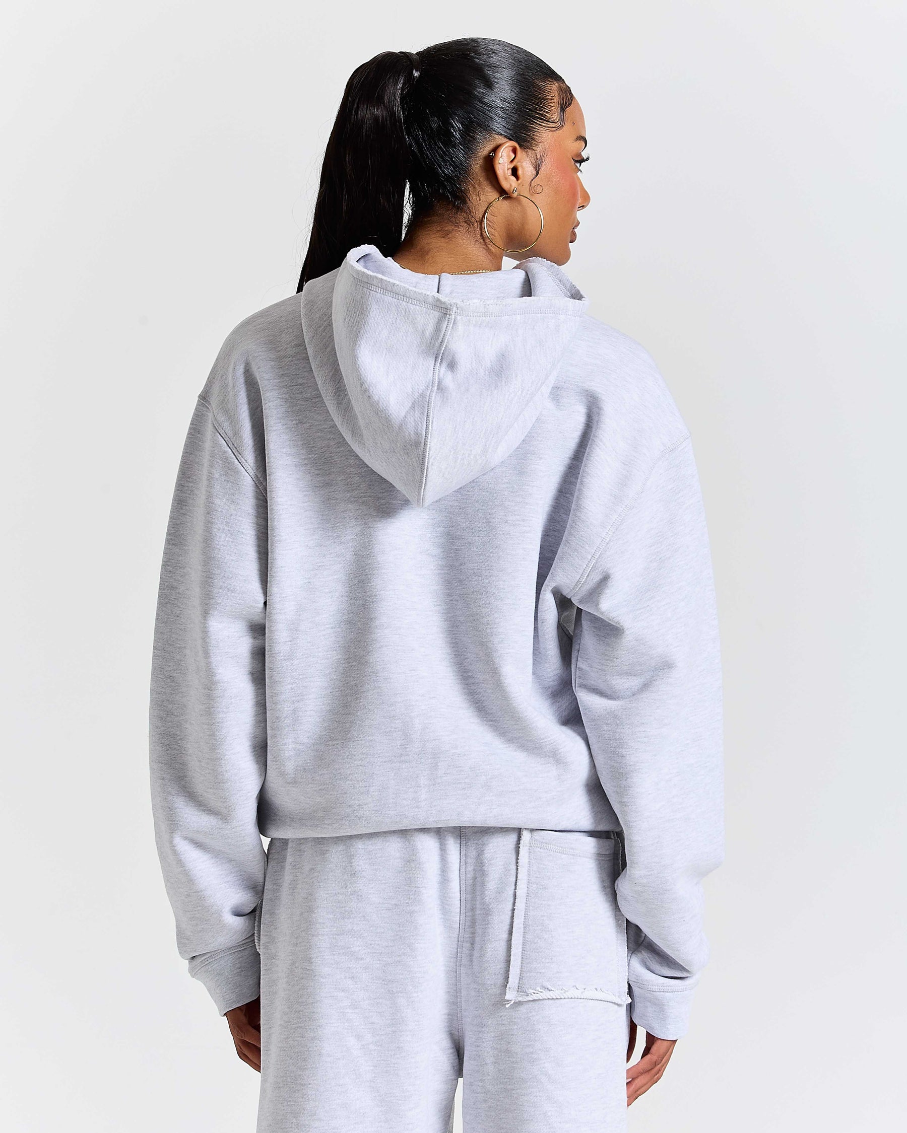 Fray Zip Relaxed Fit Hoodie - Grey Marl
