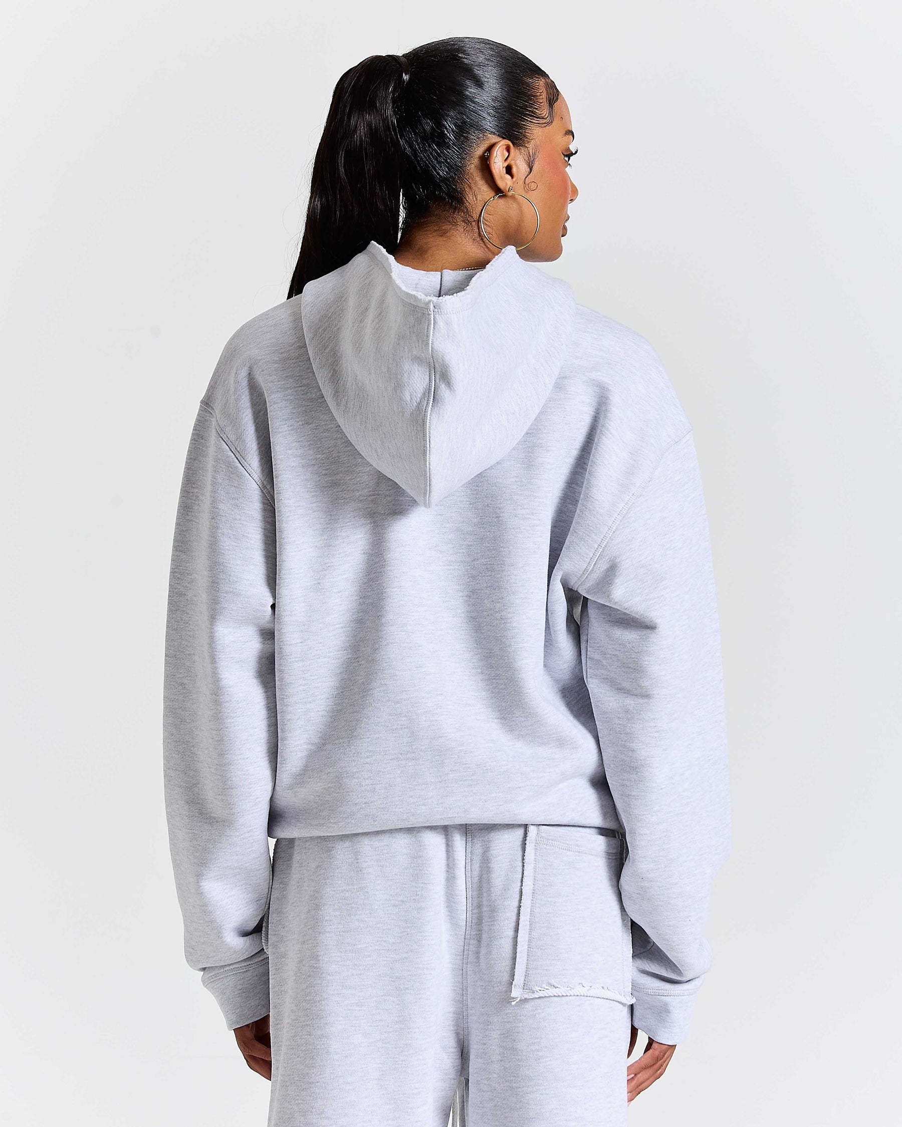 Fray Zip Relaxed Fit Hoodie - Grey Marl