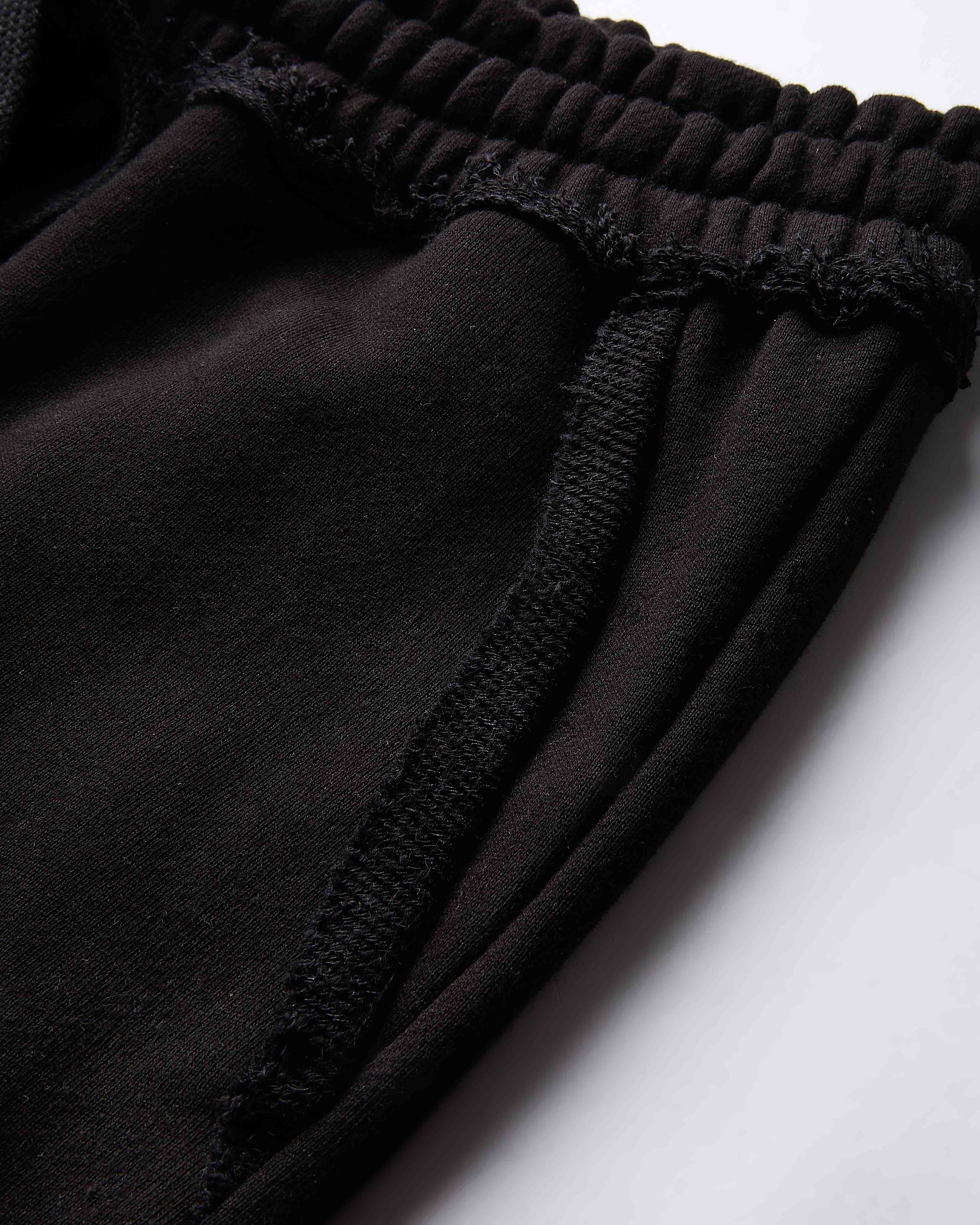 Close-up of black pants with a white background