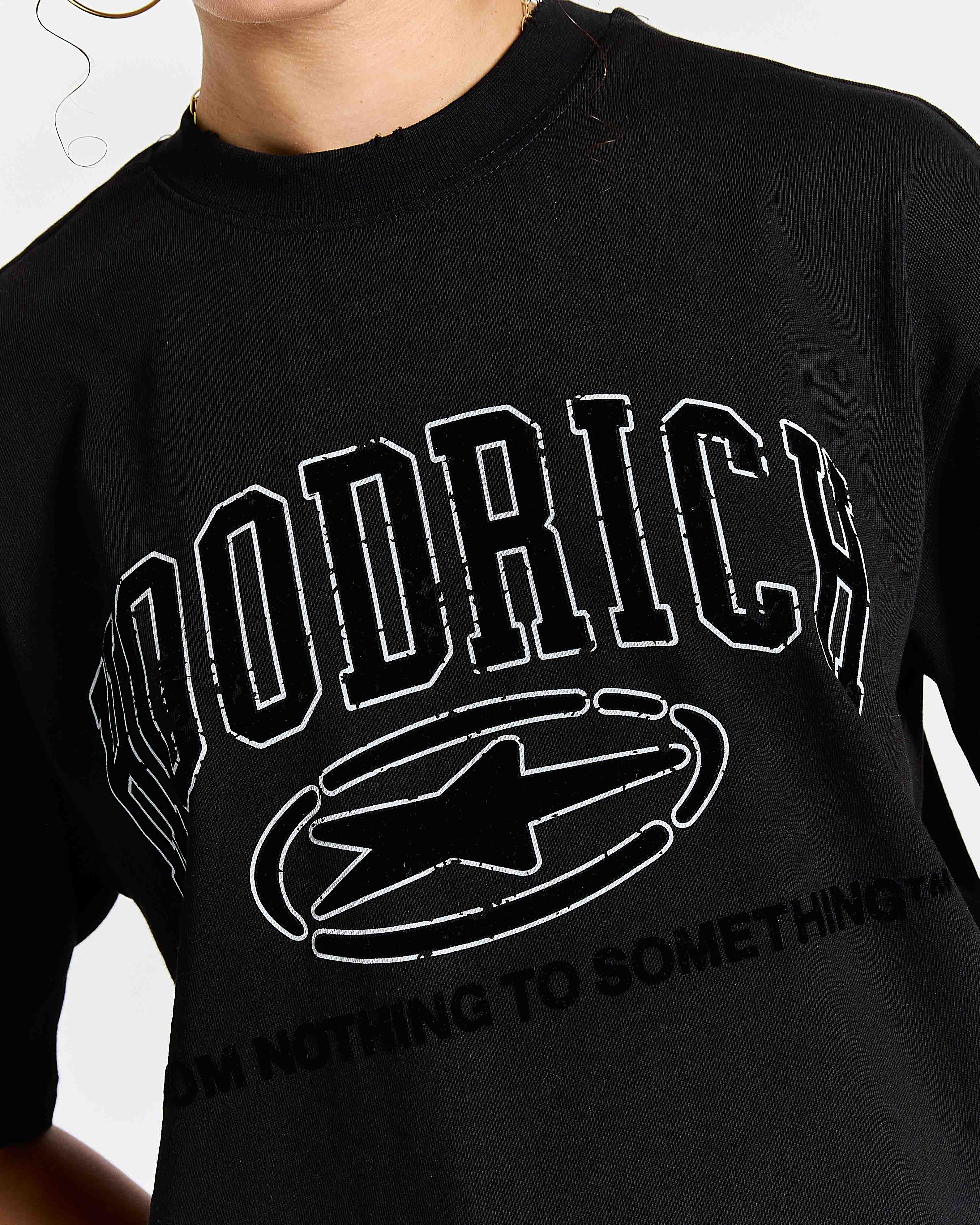 Black sweatshirt with 'Hoodrich' logo and text on a white background