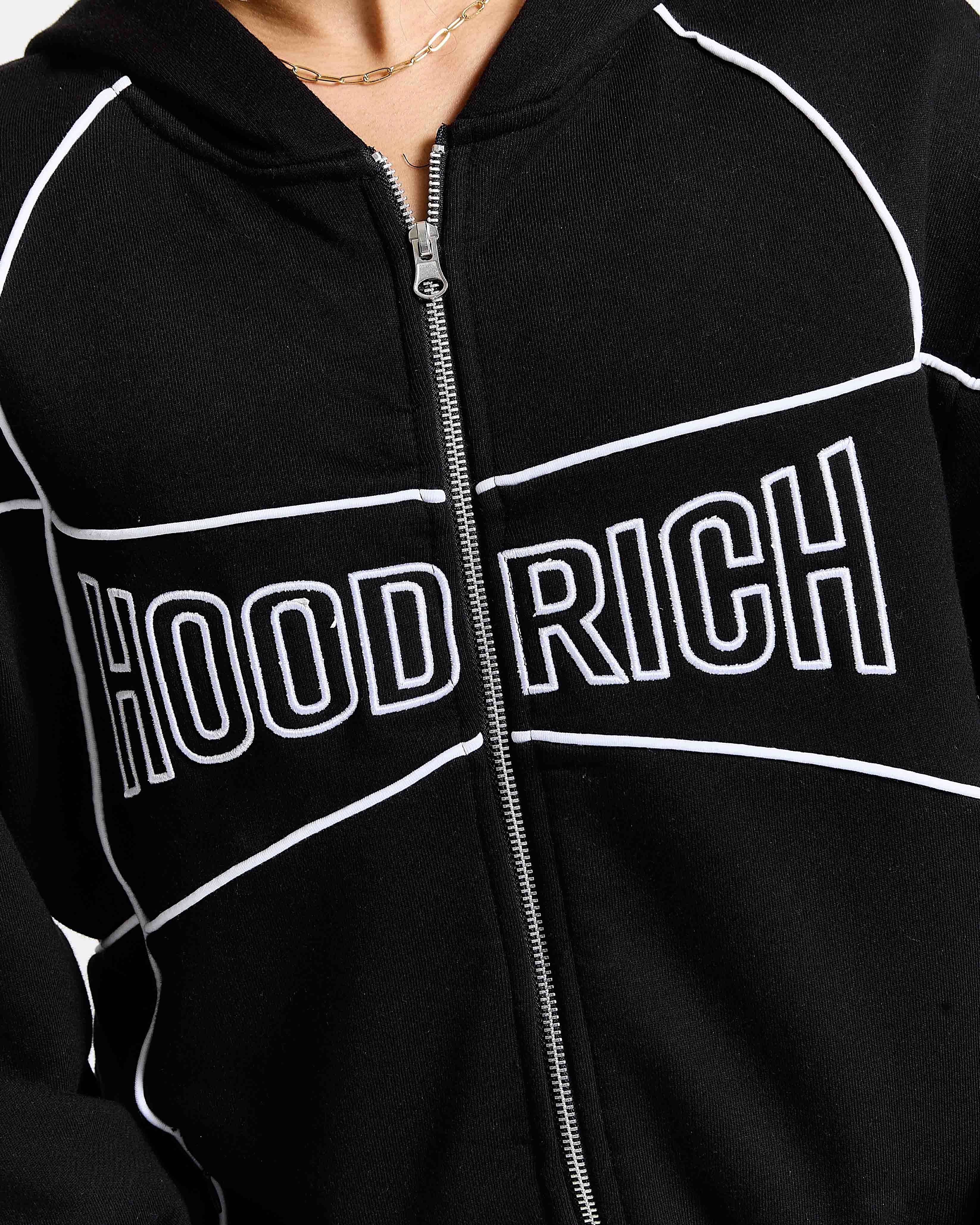 Black hoodie with 'HOODRICH' text on a person wearing it.