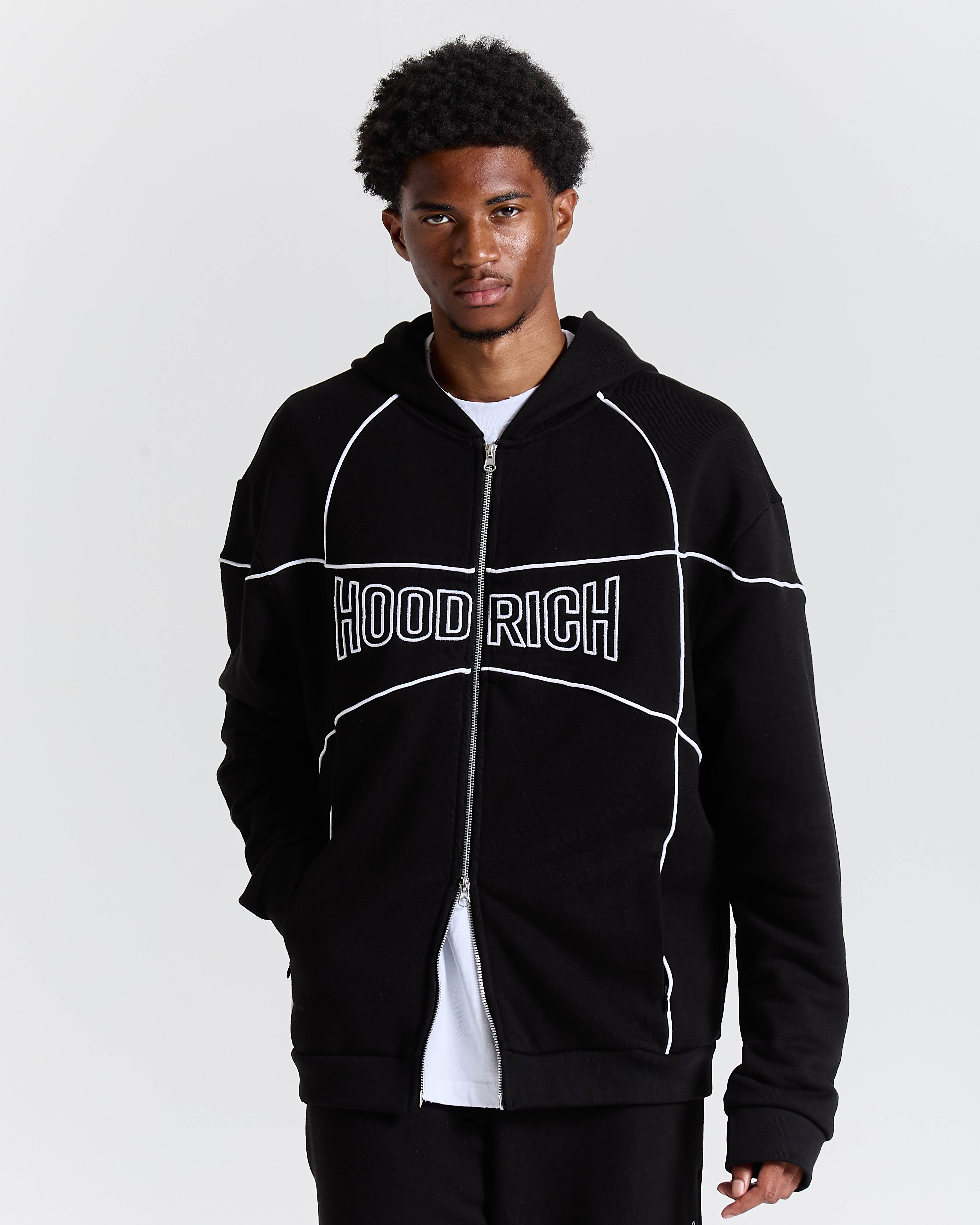 Person wearing a black hoodie with 'HOODRICH' text on a white background