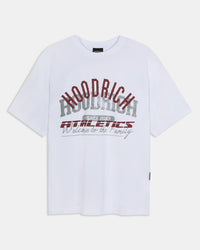 White t-shirt with 'Hoodrich Athletics' text on a white background