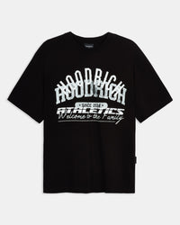 Black t-shirt with white text on a white background