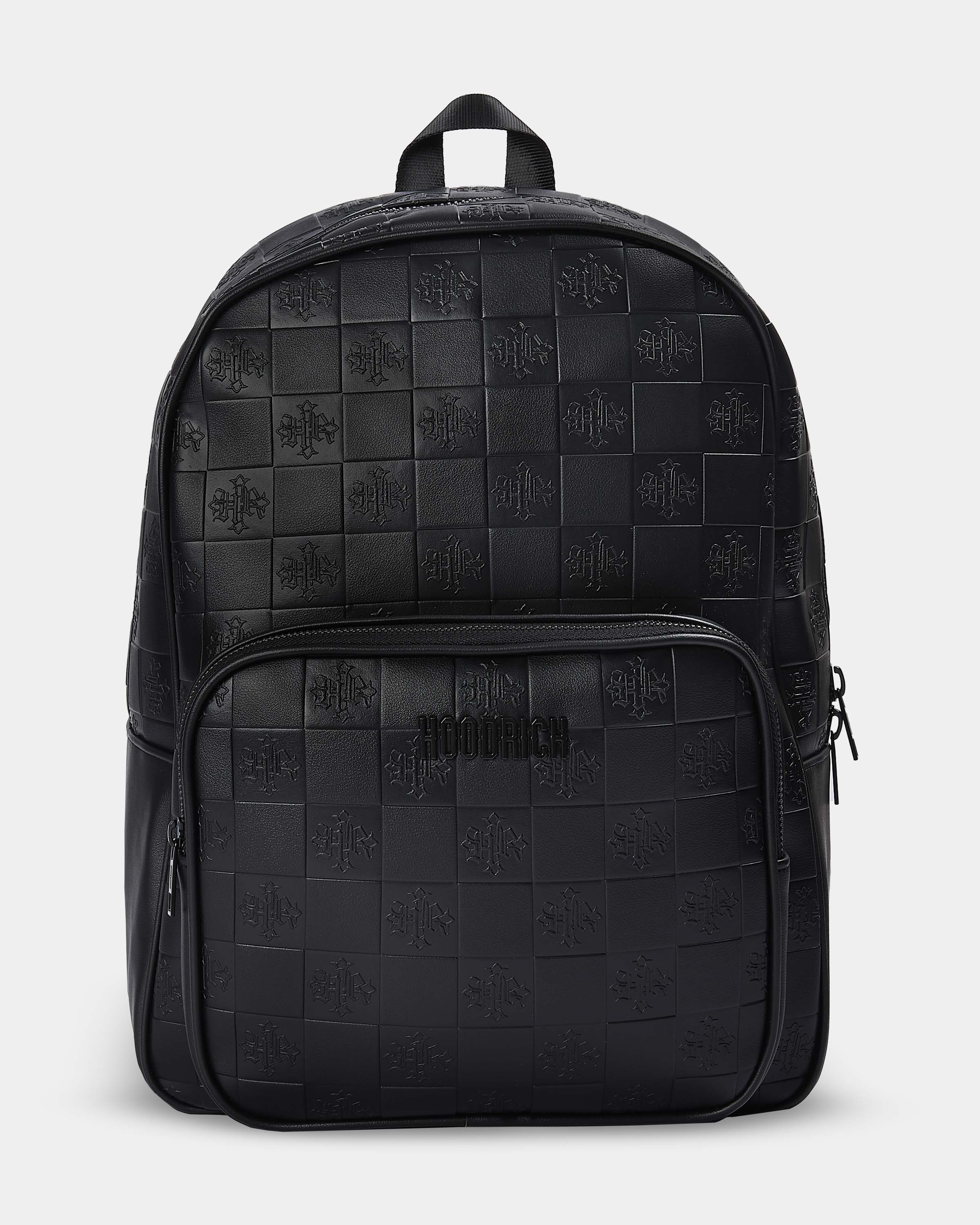 Black checkered backpack on a light gray background