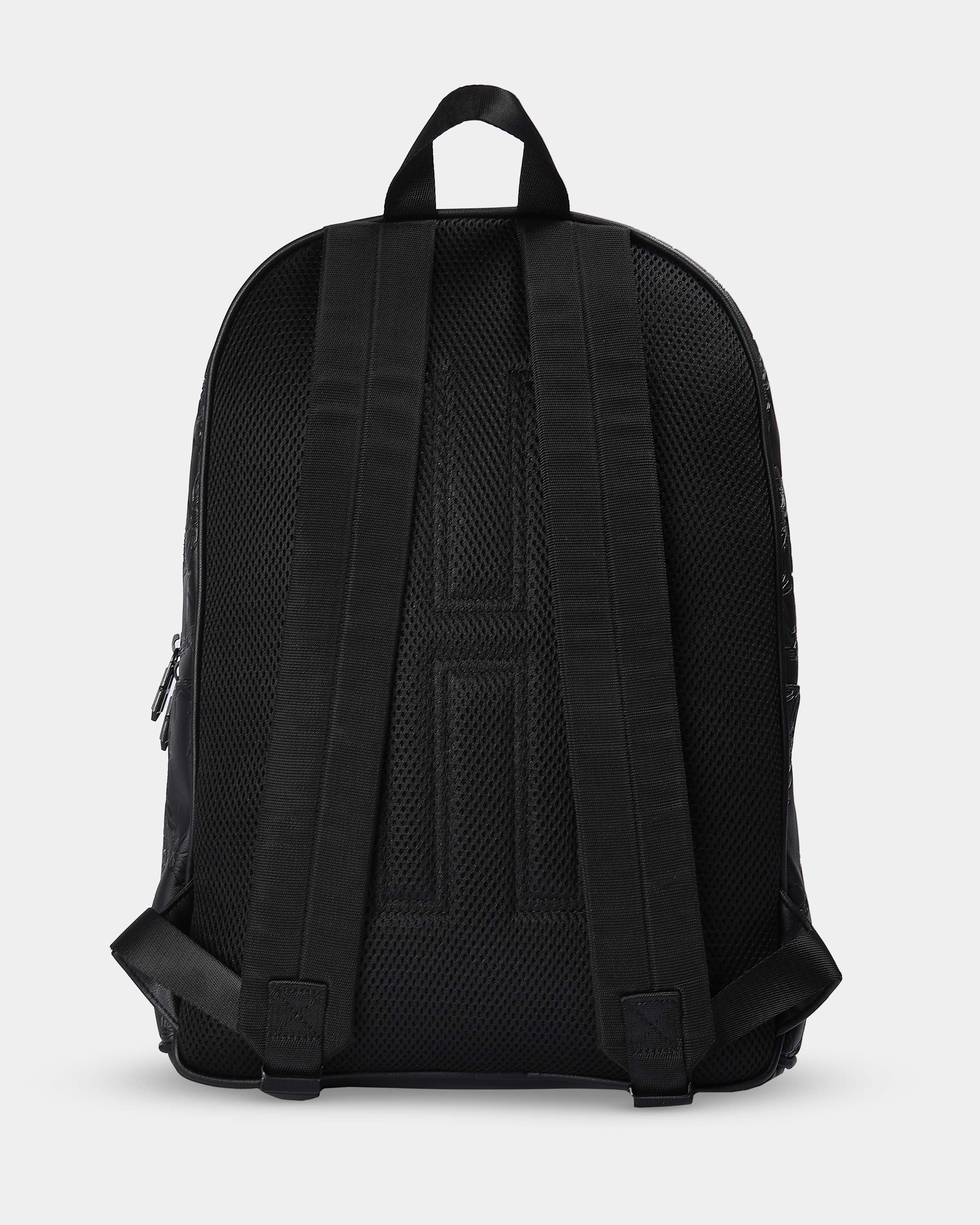 Black backpack shown from the back on a light gray background