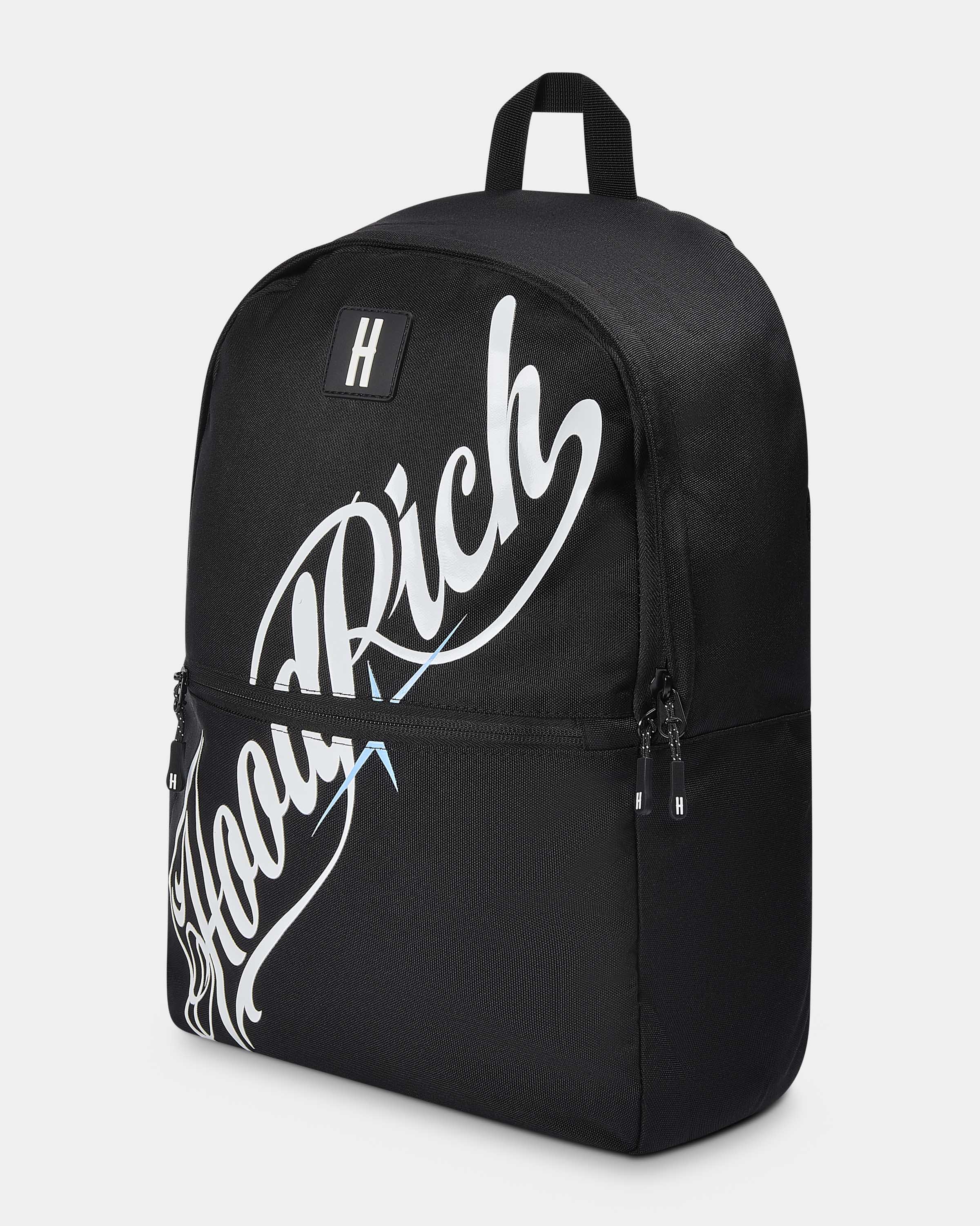 Black backpack with white text on a light gray background