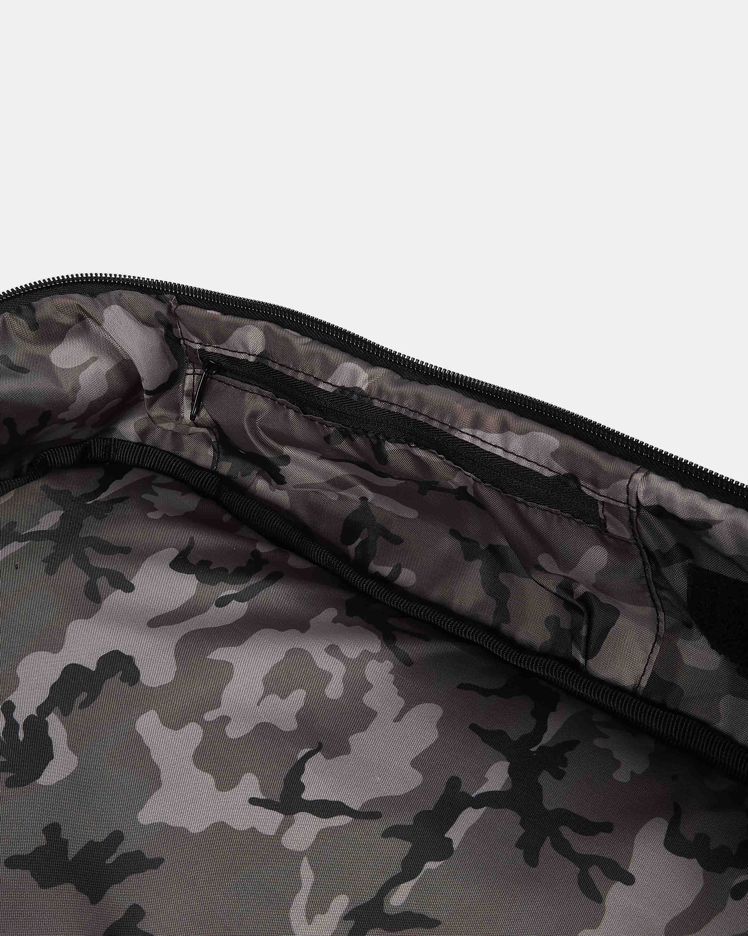 Camouflage-patterned bag with a zipper on a light gray background