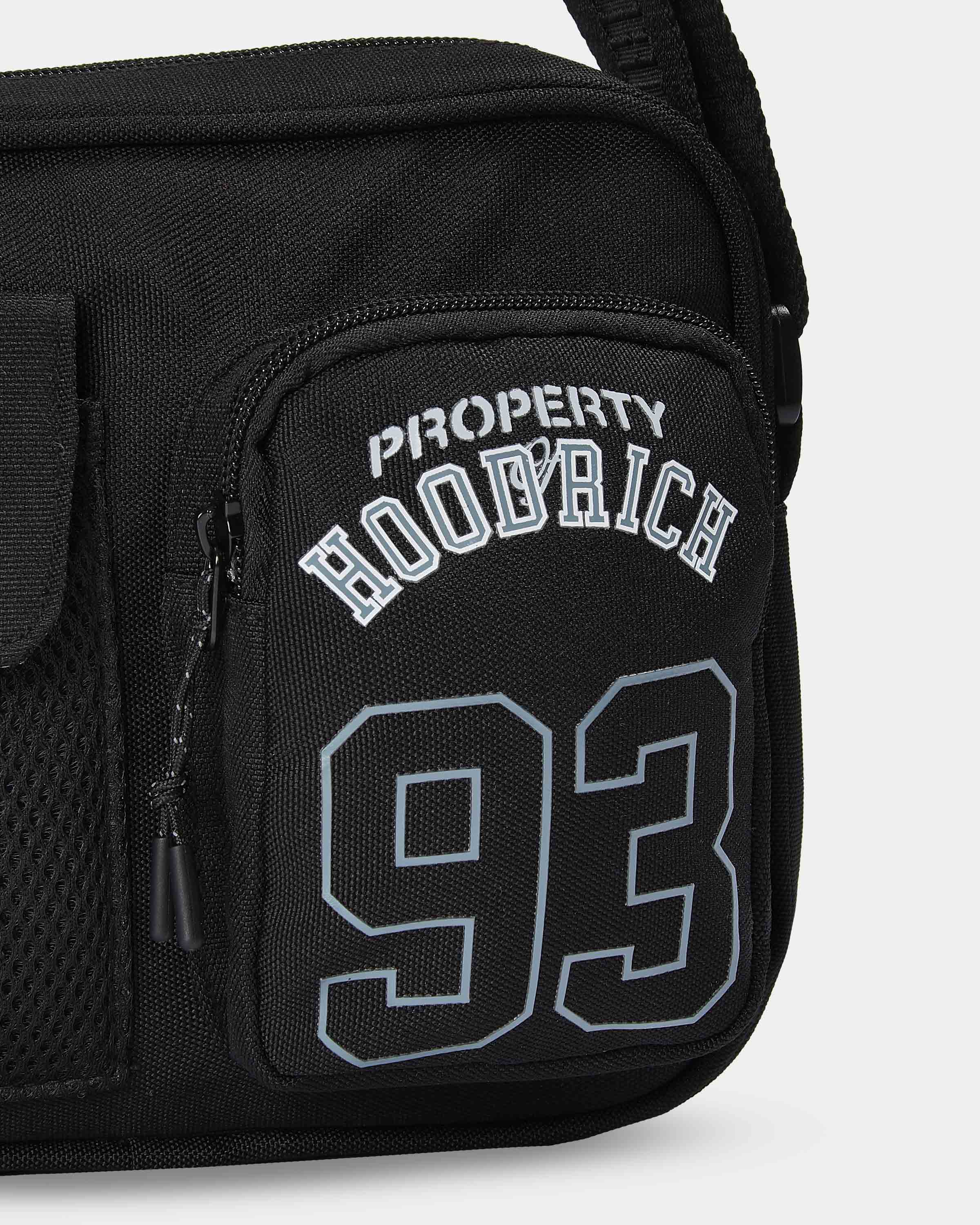 Black bag with 'Property Hoodrich 93' text on a white background