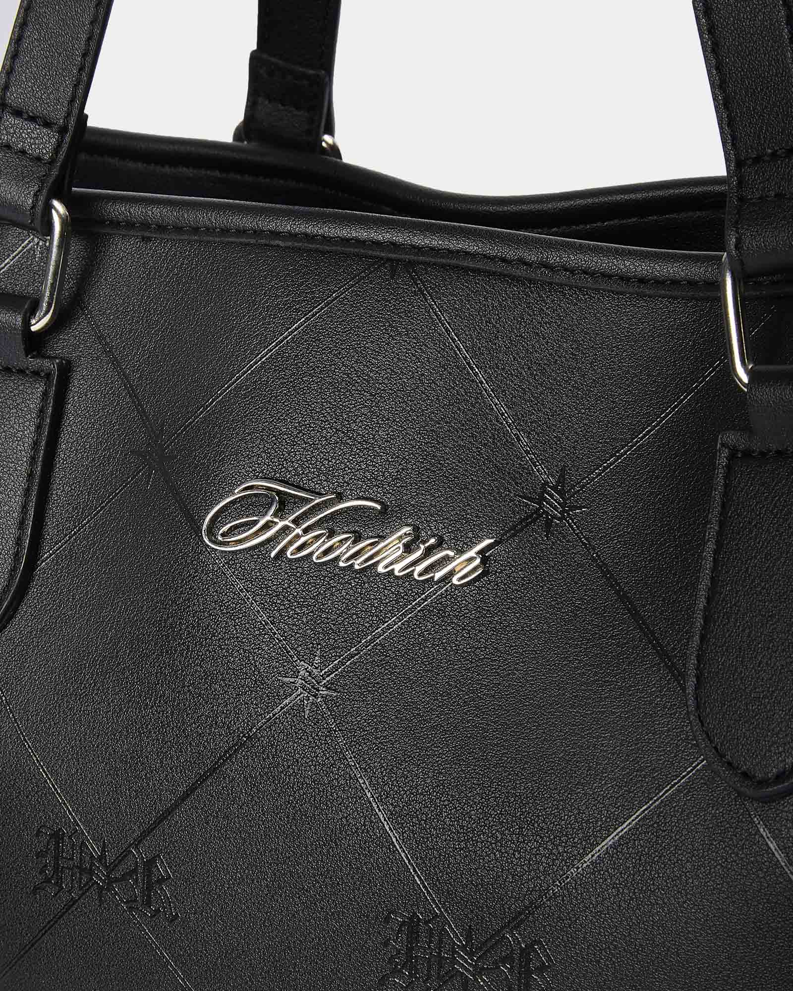 Black handbag with 'Hoodrich' branding on a white background