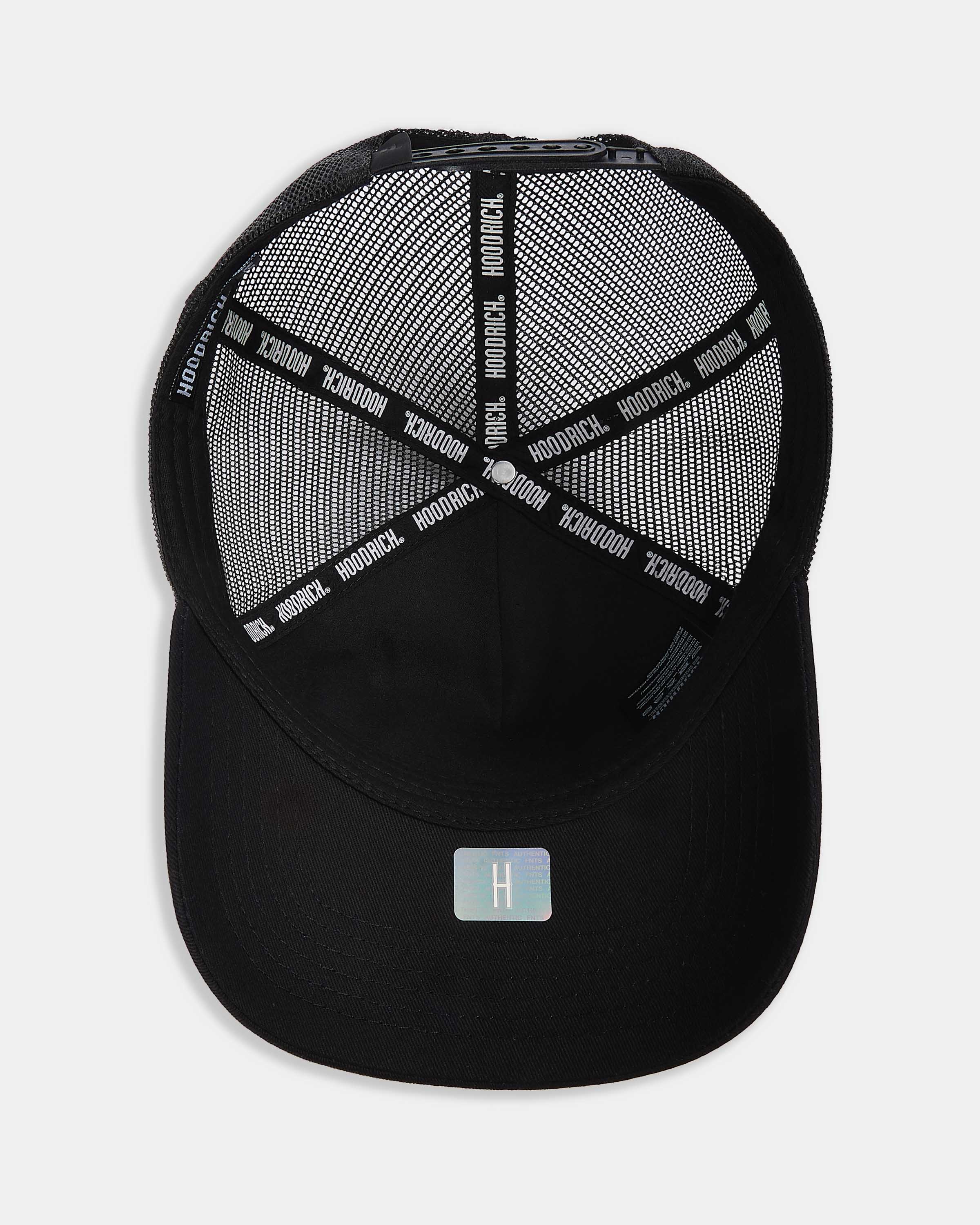Black cap with mesh back and logo on a white background