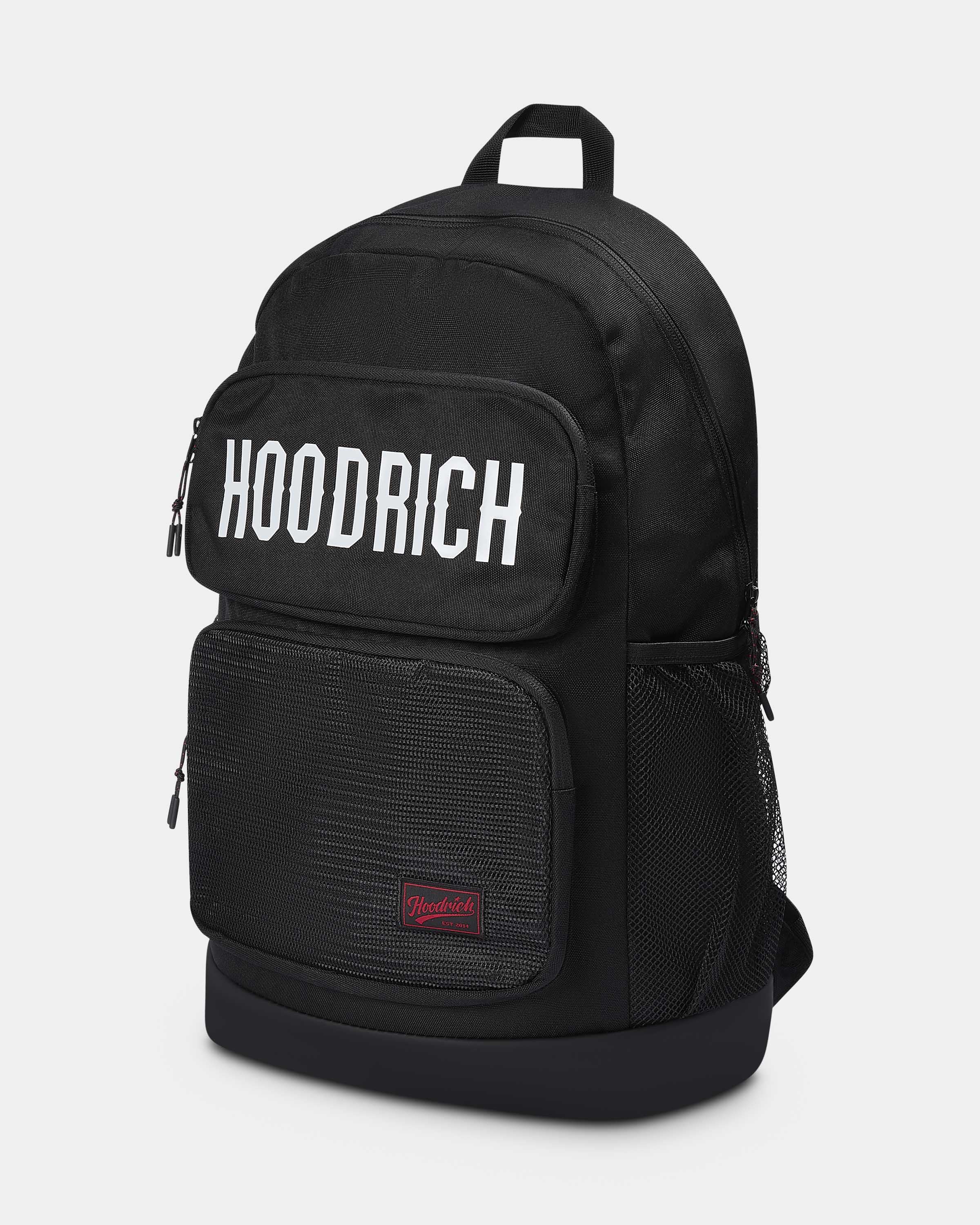 Black backpack with 'Hoodrich' branding on a light gray background