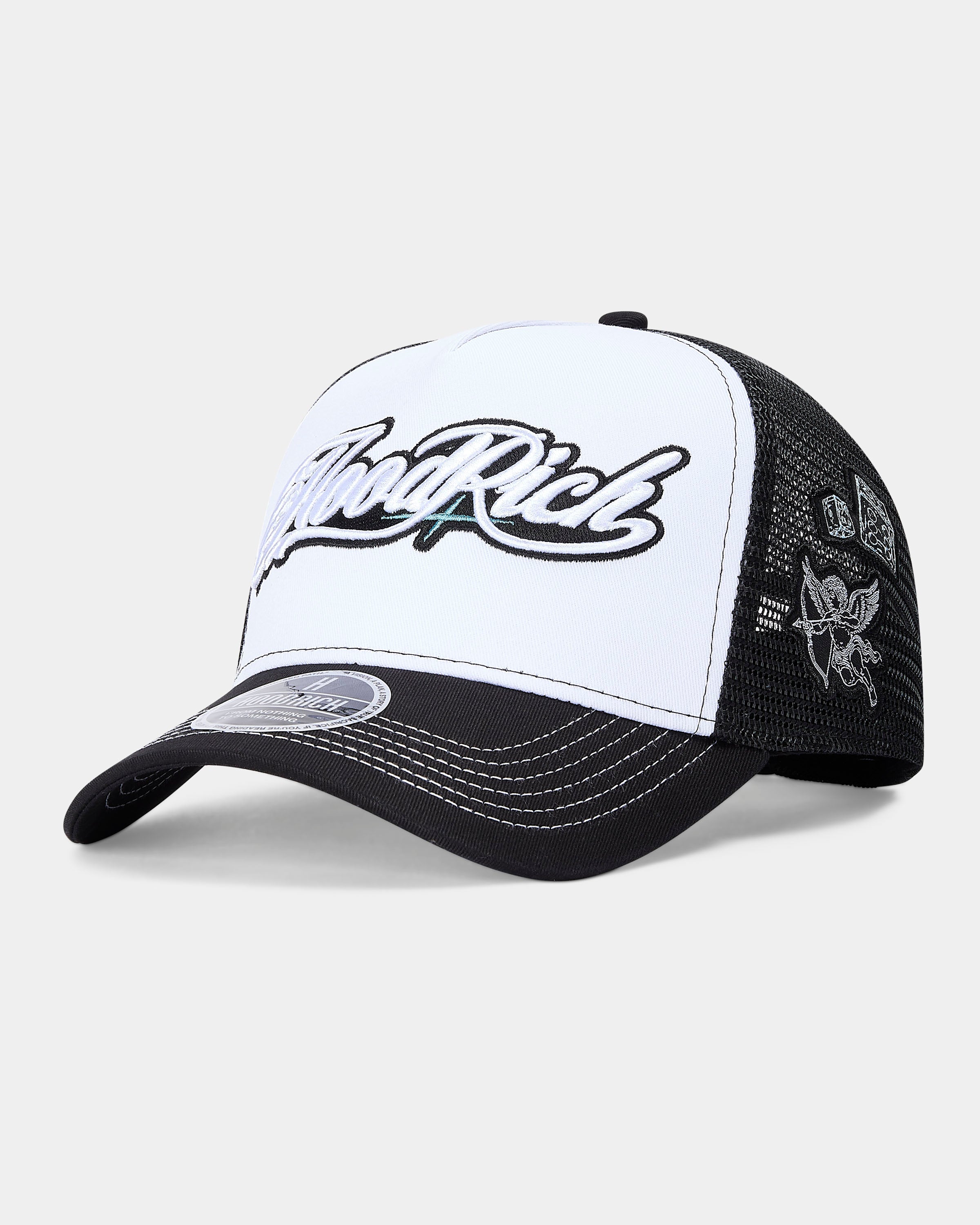Black and white cap with 'Hoodrich' branding on a light gray background