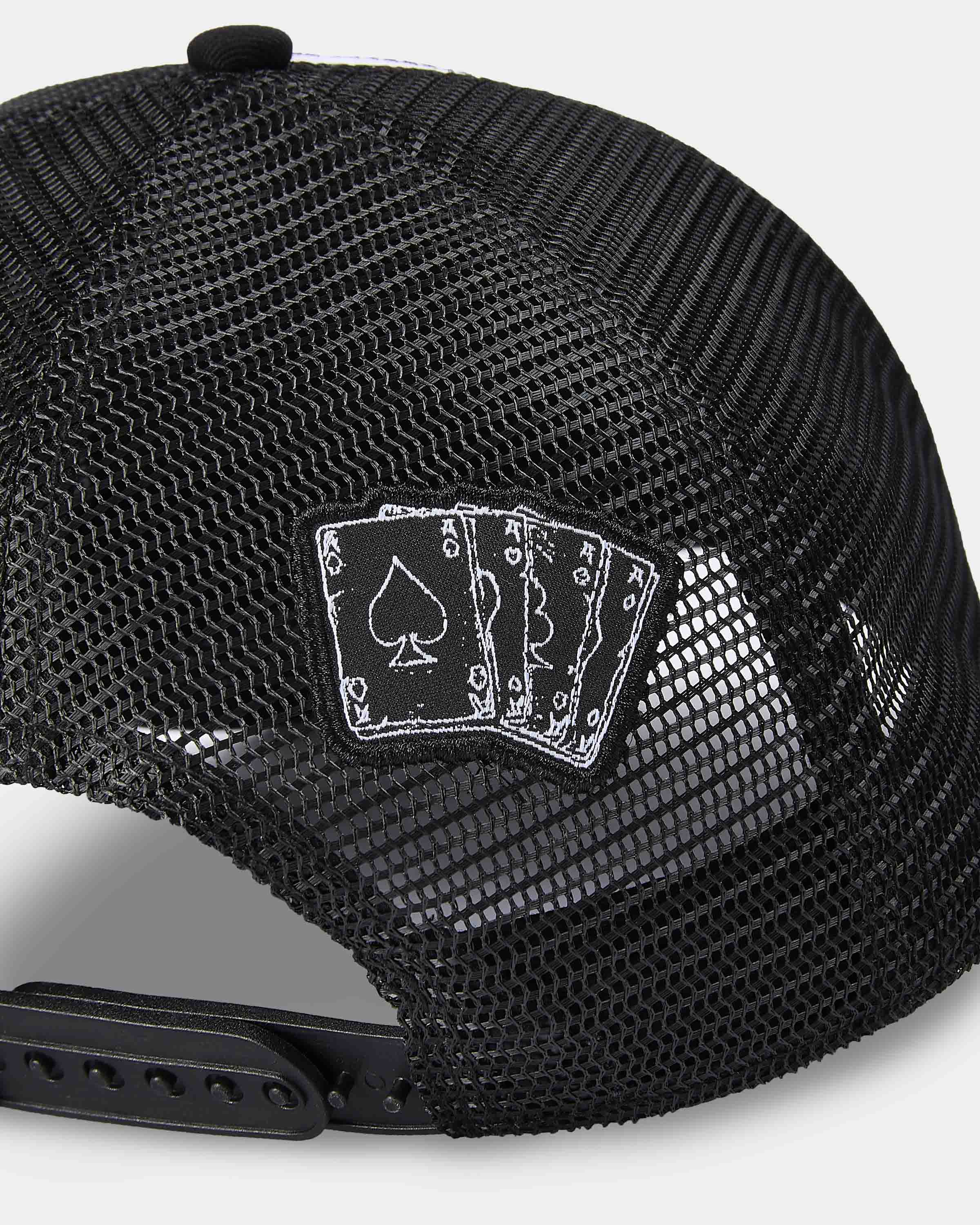 Black mesh cap with card design on a white background
