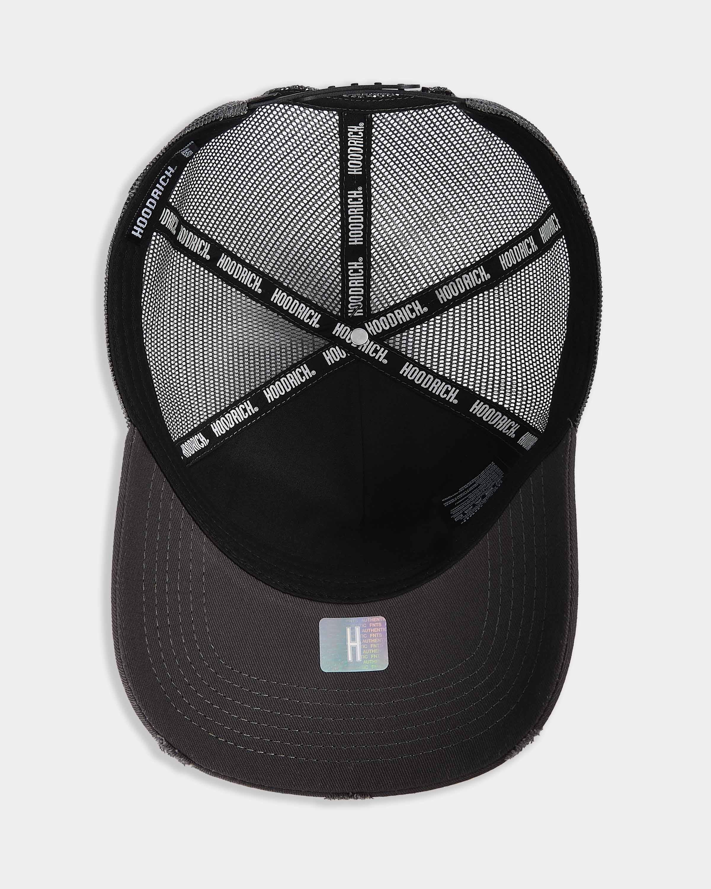 Black cap with mesh back and brand logo on a white background