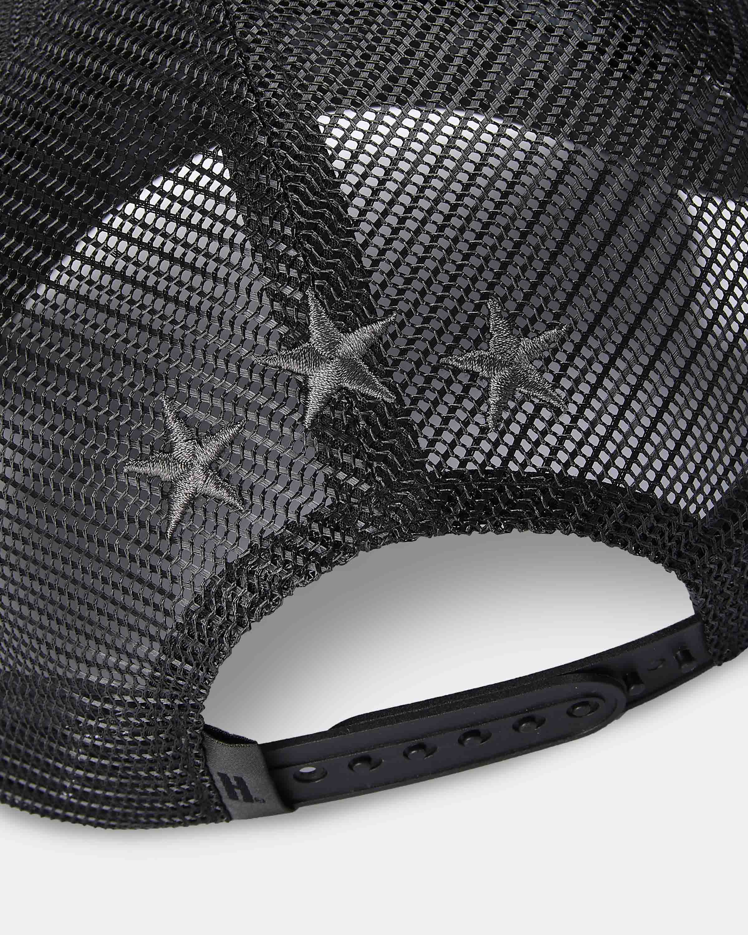 Black mesh cap with star patterns on a white background