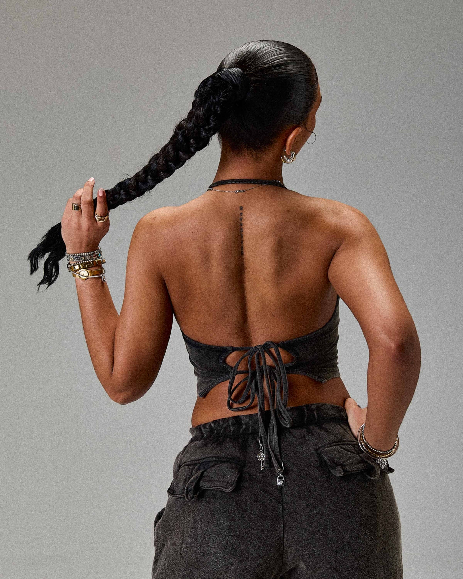 The Winner's Circle Token Tie Back Halter Top - Washed Black