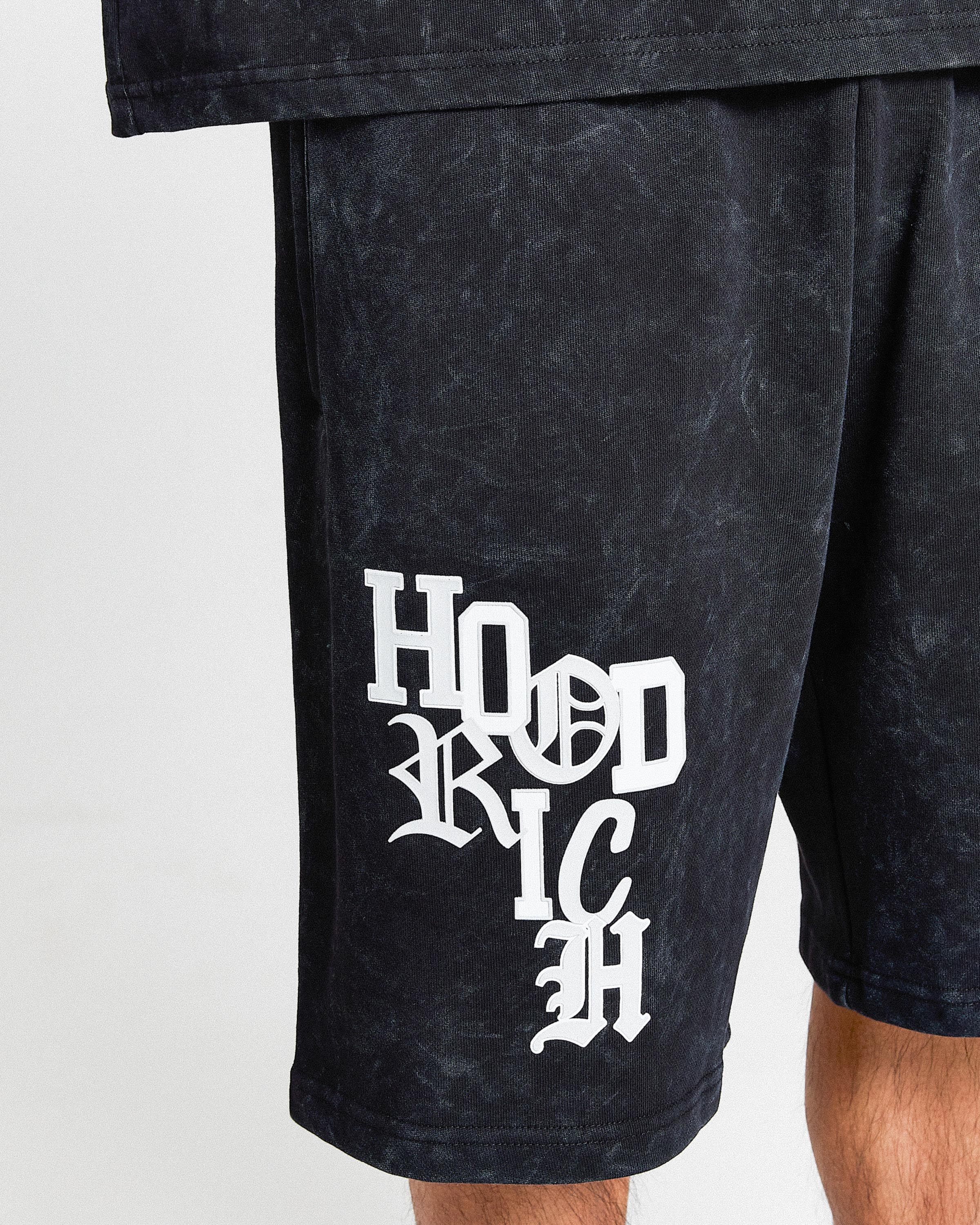 Black shorts with 'Hood Rich' text on a white background