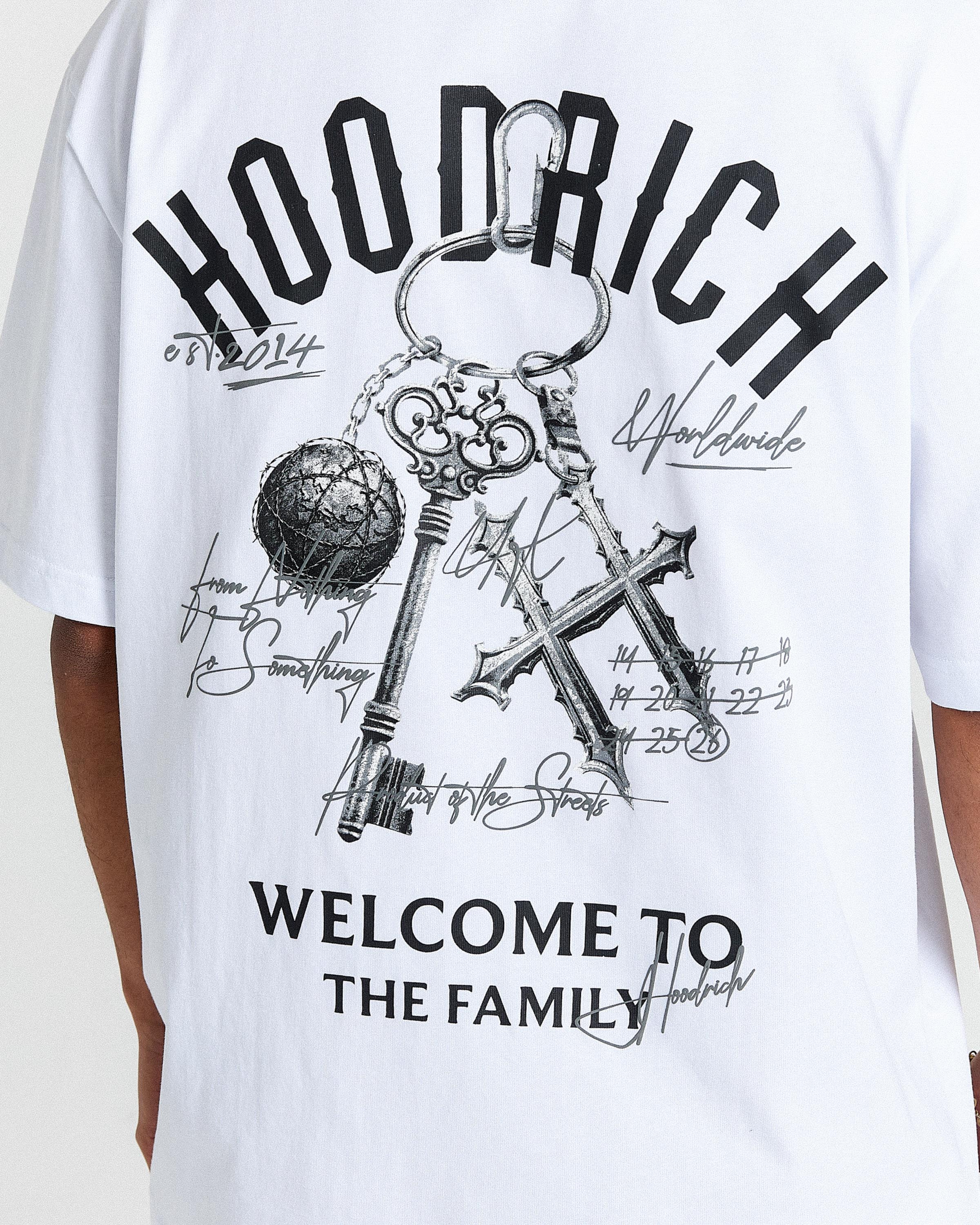 White t-shirt with black graphic design and text on a white background