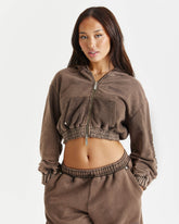 Collision Relaxed Cropped Zip Hoodie - Brown