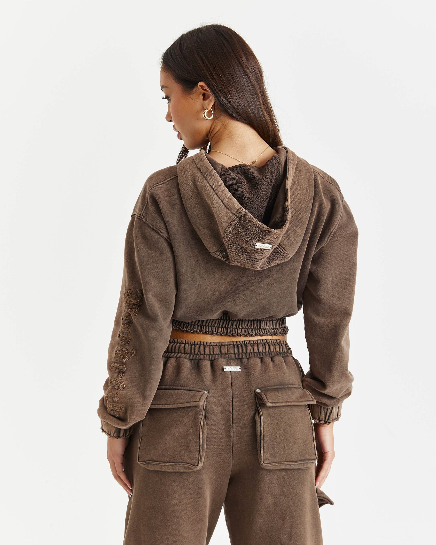 Collision Relaxed Cropped Zip Hoodie - Brown