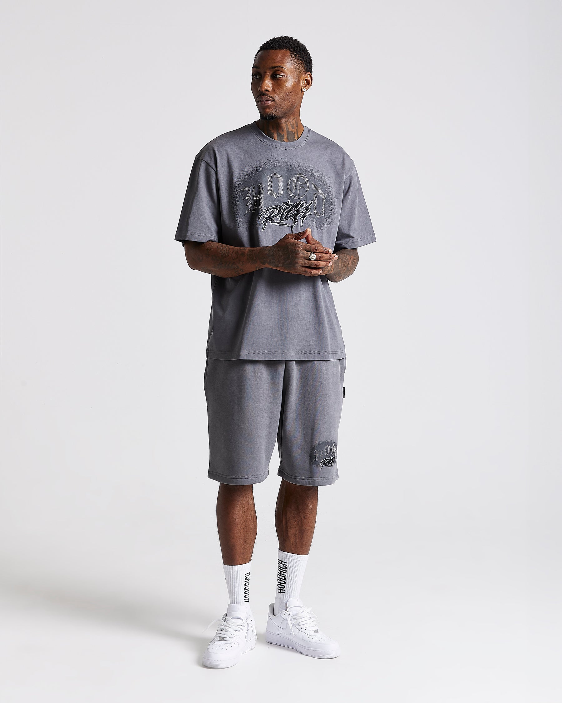 Iron Oversized Shorts - Grey/Rhinestones