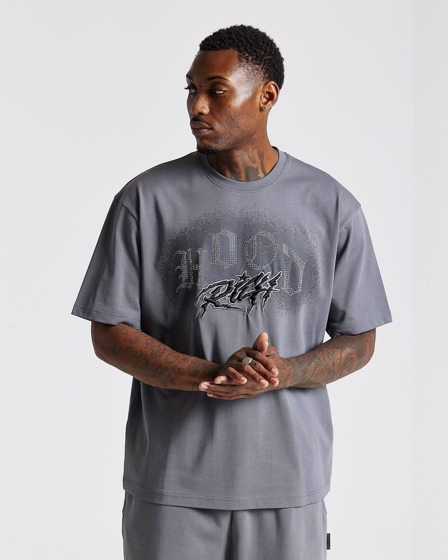 Iron Oversized T-Shirt - Grey/Rhinestones