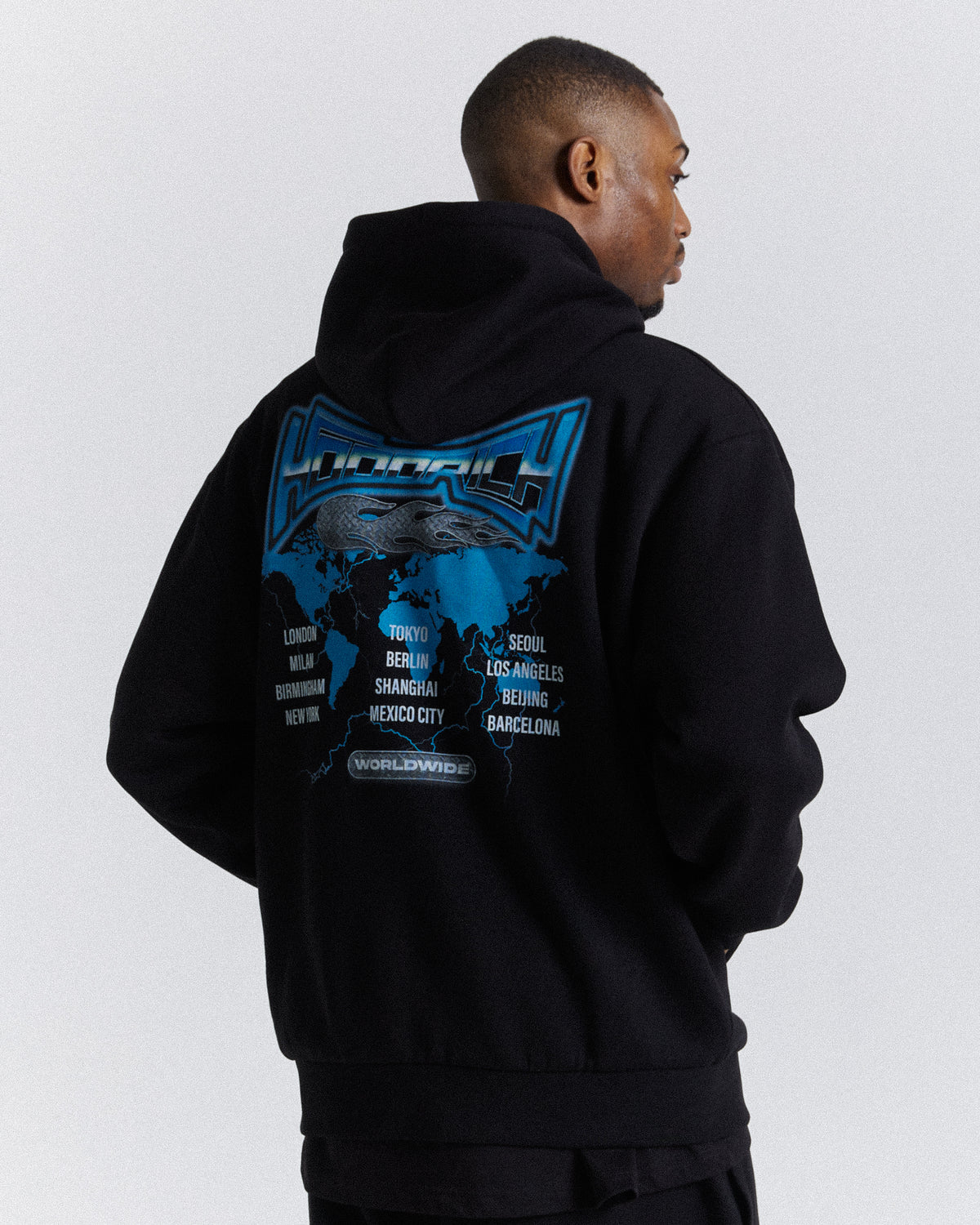 Worldwide Oversized Φούτερ με Κουκούλα - Μαύρο/Λευκό/Μπλε