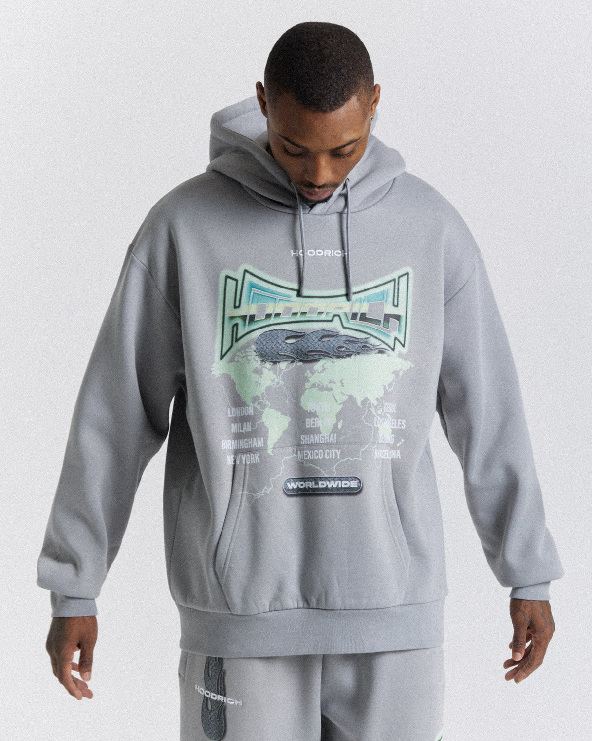 Worldwide Oversized Φούτερ με Κουκούλα - Γκρι/Λευκό/Πράσινο