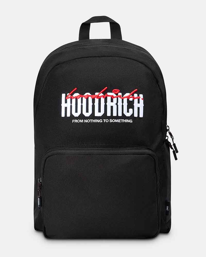 A black backpack with a front pocket featuring a white and red graphic print that reads 'Hoodrich' and 'FROM NOTHING TO SOMETHING'.