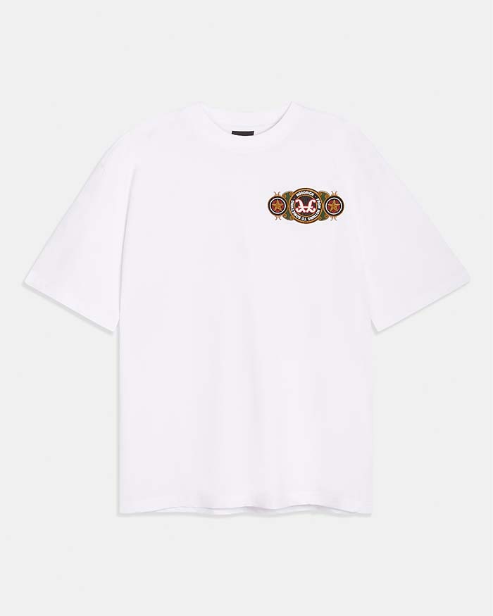 A white short-sleeve crewneck t-shirt featuring a small embroidered Hoodrich logo patch on the left chest, displayed against a light gray background.