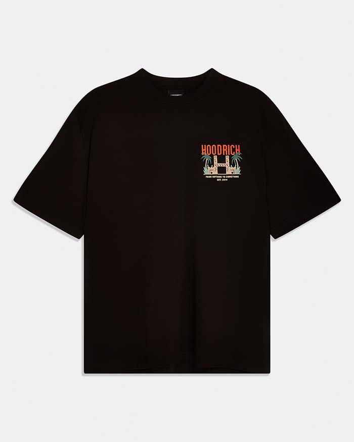 A black short-sleeve crewneck t-shirt with a small graphic on the left chest featuring the word 'HOODRICH' in orange-red and a beige/cream illustration, displayed on a light gray background.