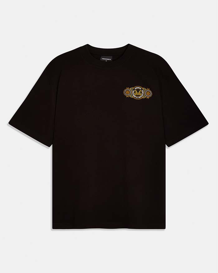 A black short-sleeve crewneck t-shirt with a small embroidered tiger emblem on the left chest, displayed flat against a light gray background.