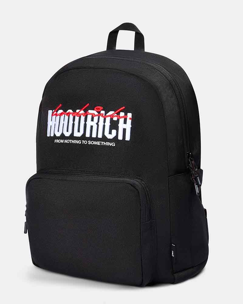 A black canvas backpack with a front zippered pocket and a top handle, featuring a white and red graphic print on the front that reads 'HOOVURICH' with 'landscaper' in red script above it.
