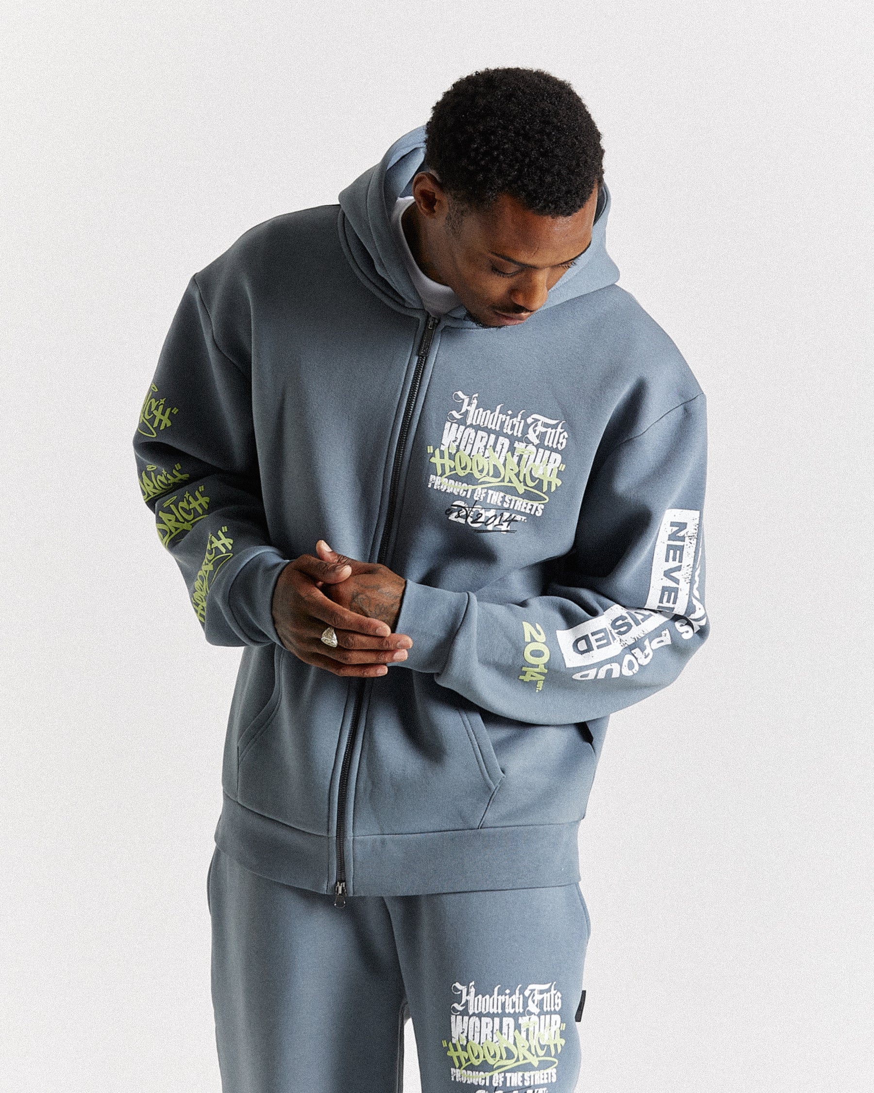 Stamp Tour Oversized Zip Hoodie - Grey/White/Lime