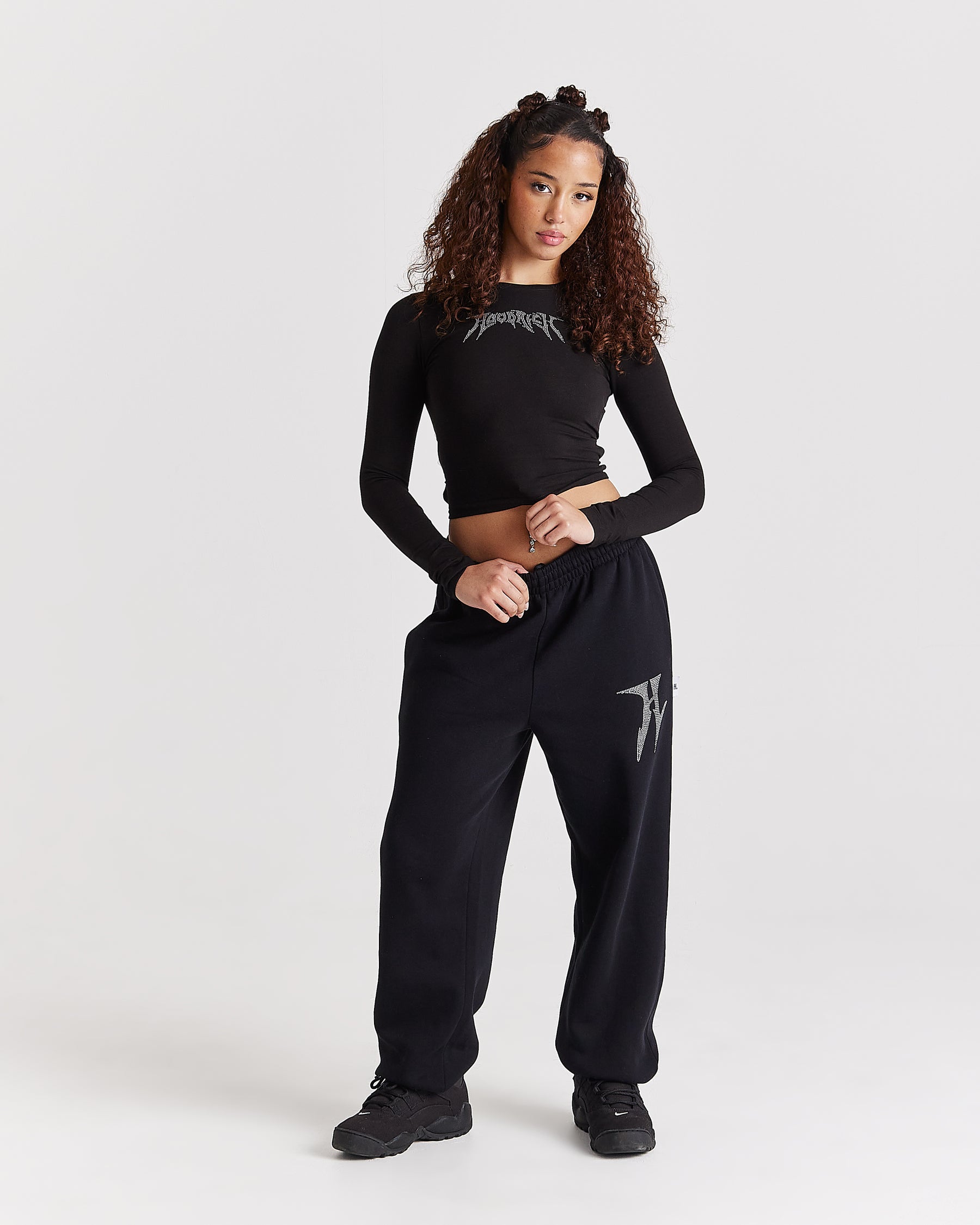 Quartz Tie Back Long Sleeve Tee - Black/Rhinestone