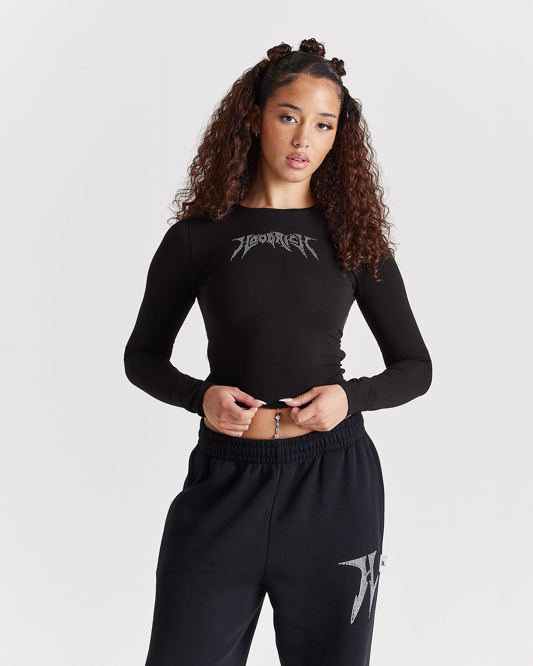 Quartz Tie Back Long Sleeve Tee - Black/Rhinestone