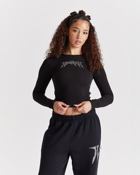 Quartz Tie Back Long Sleeve Tee - Black/Rhinestone