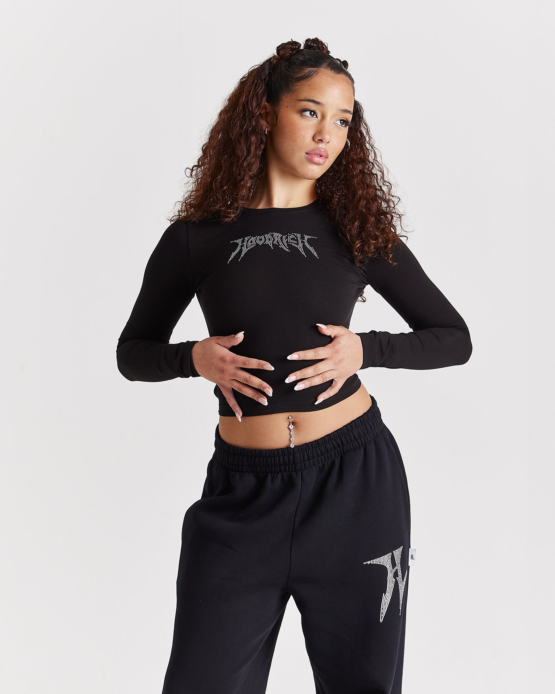 Quartz Tie Back Long Sleeve Tee - Black/Rhinestone