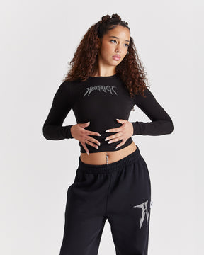 Quartz Tie Back Long Sleeve Tee - Black/Rhinestone