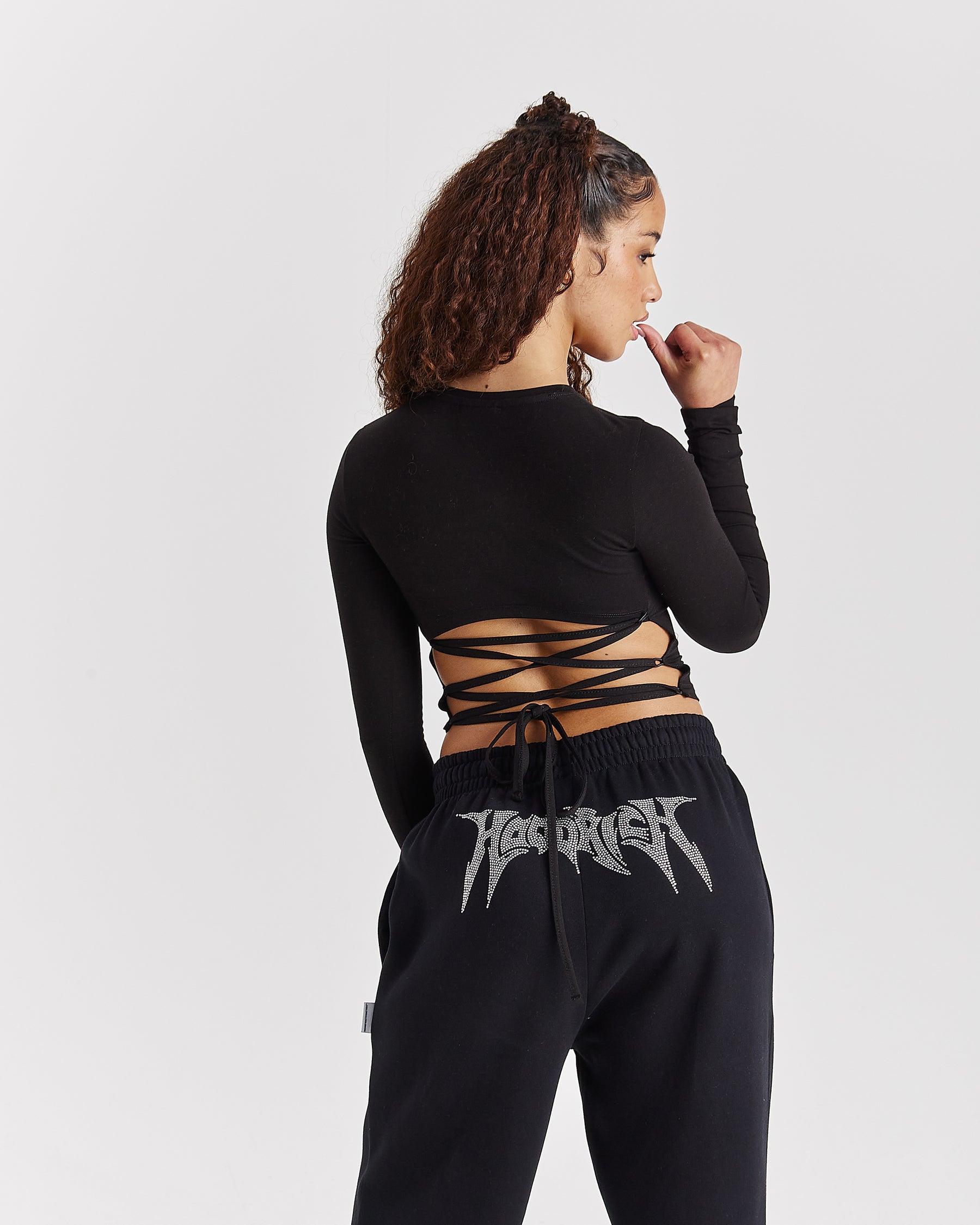 Quartz Tie Back Long Sleeve Tee - Black/Rhinestone